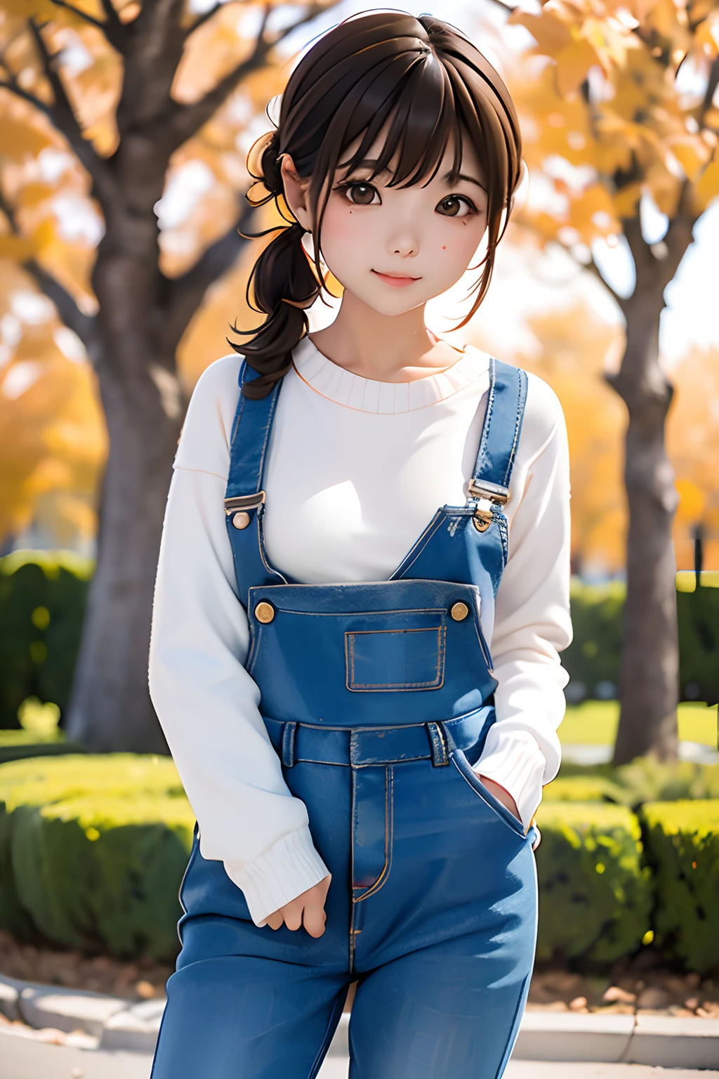top-quality、masuter piece、ultra-detailliert、8k、独奏、portlate:1.3、Cowboy Shot、parfect anatomy、1 girl in、shorth hair、(((Hair tied in two、brown haired:1.3)))、Long sleeve knit、Knitted knitwear、Overalls Denim、slightly larger breasts、Natural look、red-lips、You have both hands in your pockets、(((plein air:1.2、a park、blue open sky、Maple tree of red color、a park)))、(((blurry backround:1.5、Blurry and invisible background)))