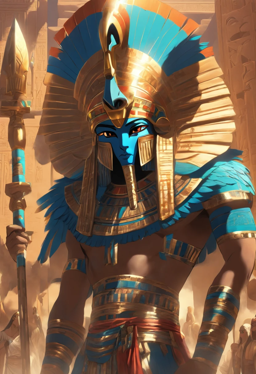 (((God Horus)))best quality, ultra-high resolution, 4K detailed CG, master piece, Horus, Egyptian god, Egyptian mythology, Egyptian temple, Egyptian palace, Egyptian clothing, ((Blue Falcon Head)), desert, aesthetics, Beautiful image, centered on the screen