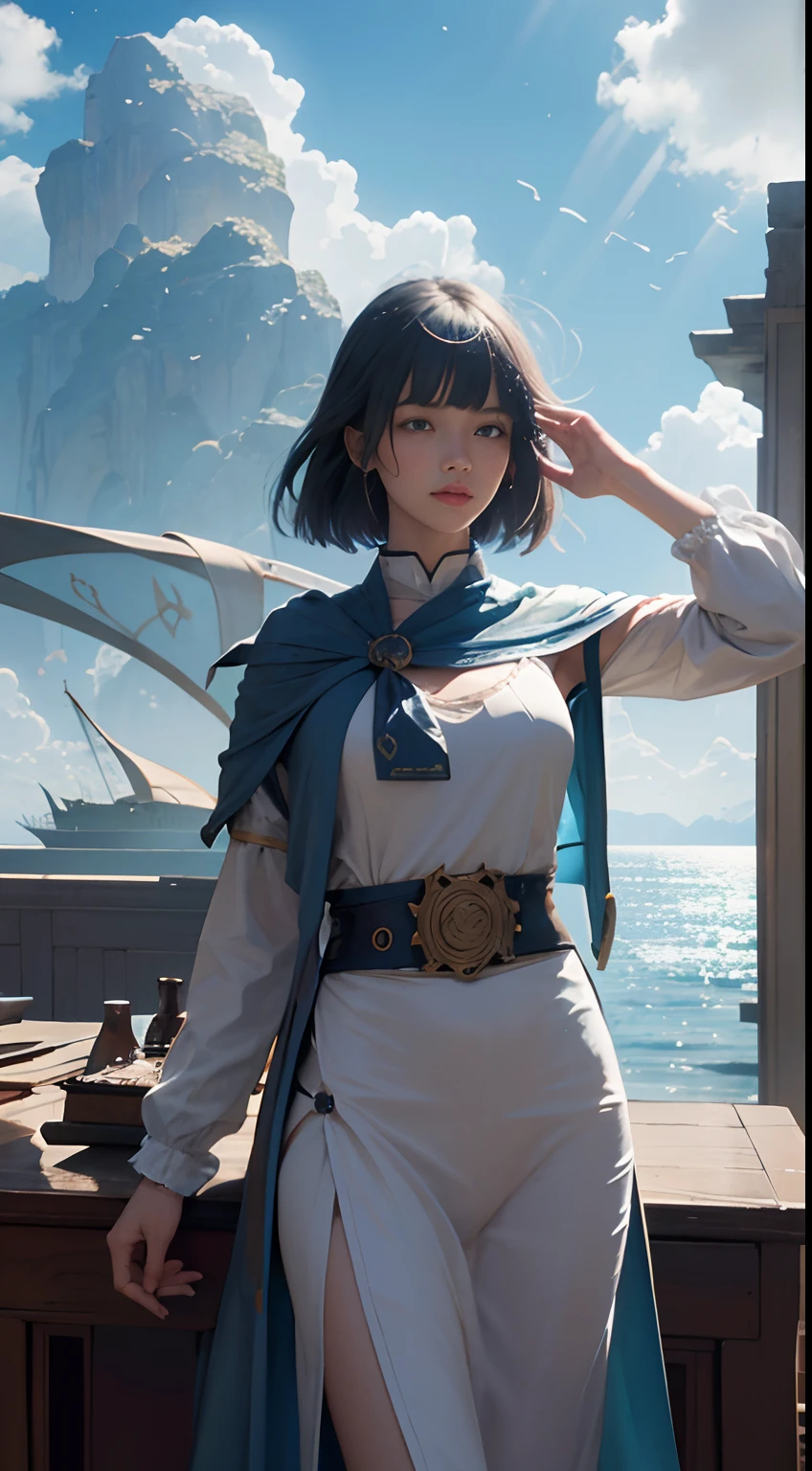 Walter Crane, Richard Doyle, Anime, Mysterious, Weird, Outlandish, Fantasy, Sci-Fi Fantasy, Beautiful Girl Alice, Flood in the Classroom, Escaped Sailing Ship, Blue Sky and Clouds, Rainbow, Galaxy, detailed, high resolution definition quality masterpiece, vibrant colors, girl, masterpiece, sharp focus, best quality, depth of field, cinematic lighting,
