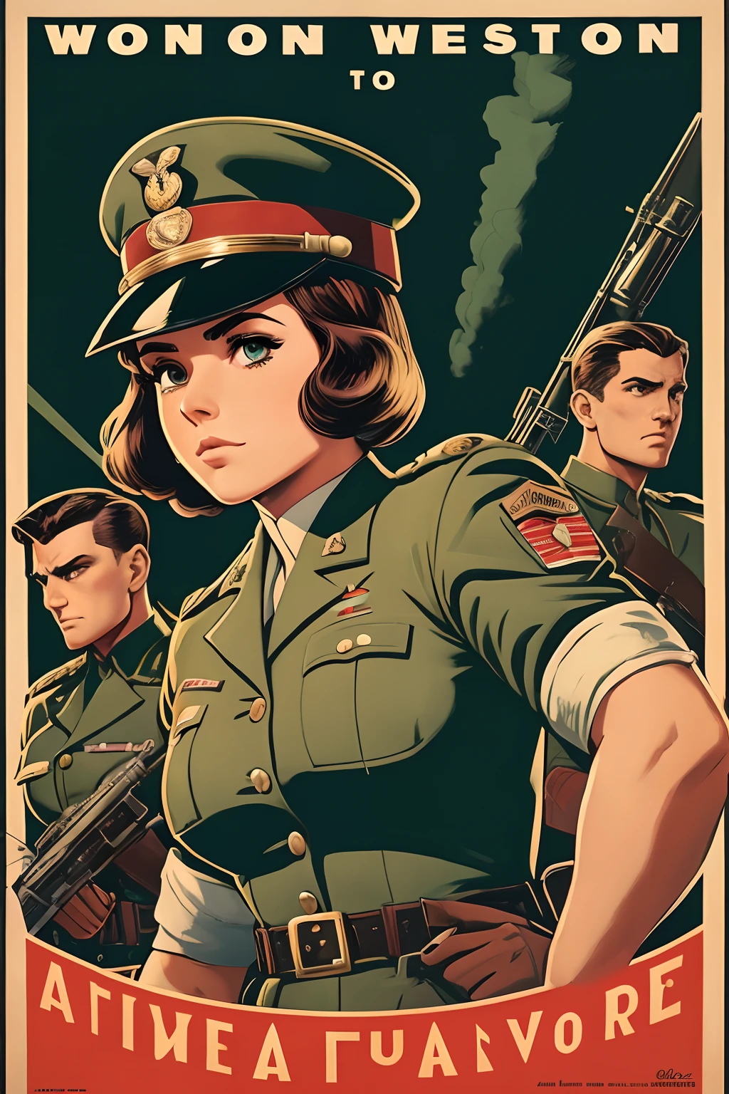 Arte Inspirada John Buscema, World War II poster, vemos uma cadete feminina segurando um morteiro, uniforme militar perfeita, short hair up to the shoulders, cor ruiva, olhos verdes claros, seios pequenos, corpo delgado, imponente no campo de batalha, Cannon fire, A scene showing seriousness and conviction