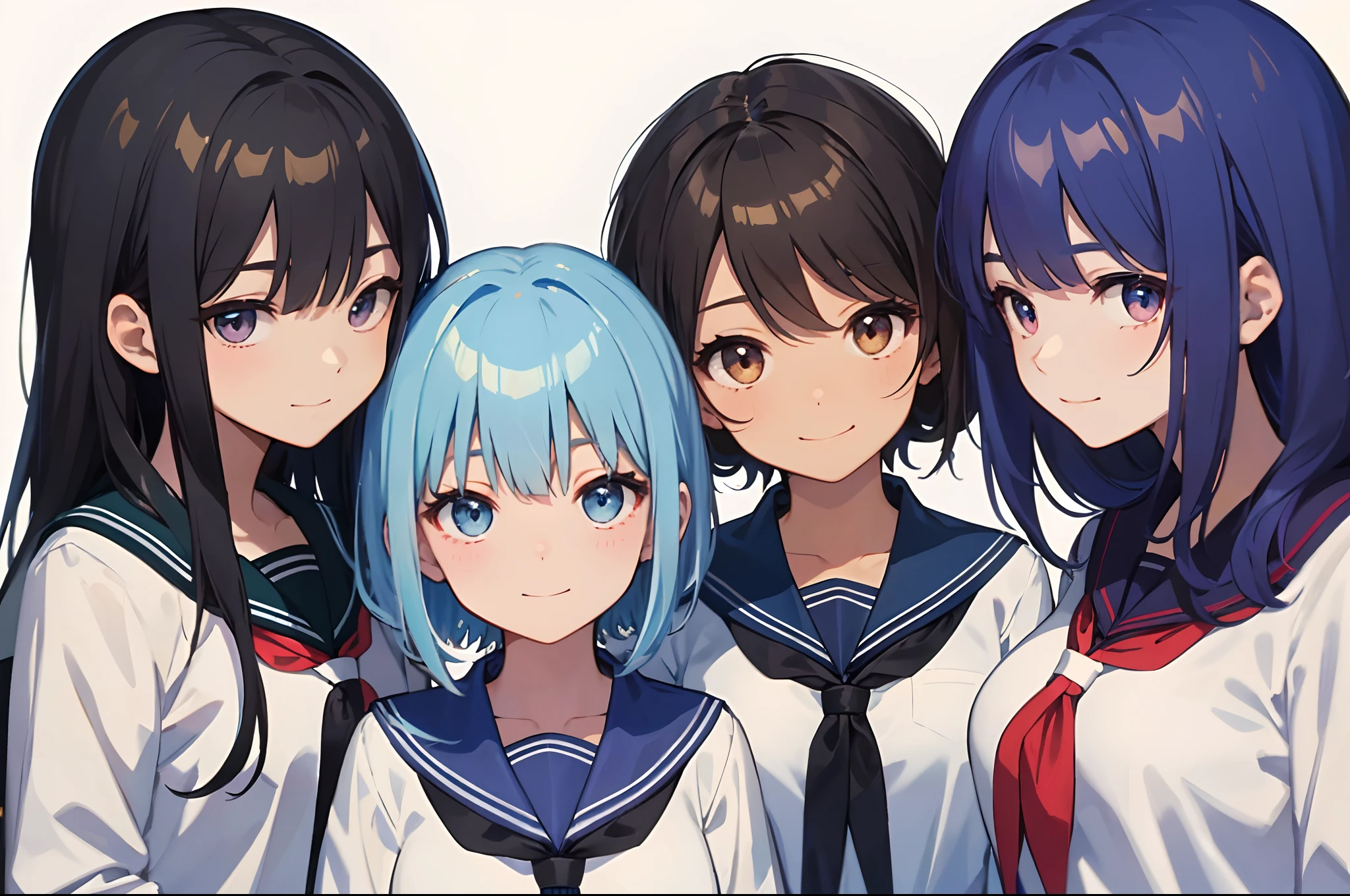 masterpiece、top-quality、detaile、hight resolution、extremely delicate and beautiful、Blue-haired、simple background、upper body closeup、beutiful breast、hi-school girl、a sailor suit、校服、student clothes、Smile、multiple female、5 women、4 females、3 women、