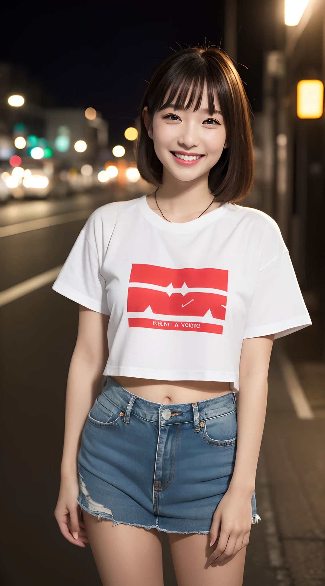 (((Top image quality、8K、1人の女性)))、((Beautie、Beautuful Women、cute little))、Random attire、Random Poses、natta、Streets of Tokyo、modeled、独奏、nightcity、Stylish clothes、Fashionable clothes、natural make up、White short-sleeved T-shirt、damage denim、japanes、A smile、ssmile