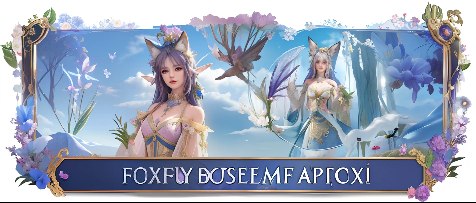 ((masterpiece)), (8k, high_resolution), (best quality), ultra-detailed, a close up of a woman in a dress with a cat on her head, fae wilds sky, fogy, fey, foxy, fantasy mmo, feywild, ethereal fox, fog!, mmorpg fantasy, new character, exotic fey features, detailed decorations