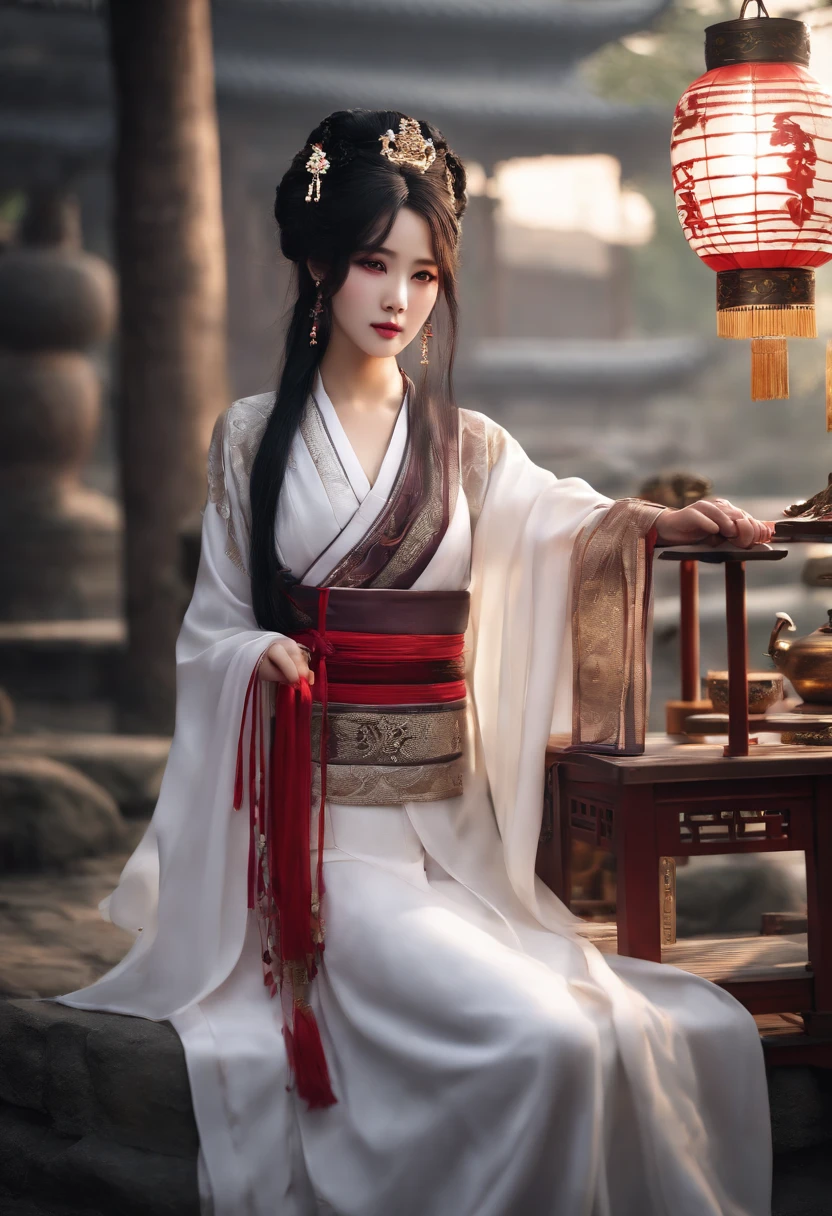 (bestquality:1.4), high-res, masterpiece,, 1girls,, Black Hair, purple eyes, (kemomimi), mediuml breasts, ,, Hair ornaments, (black|White Hanfu Clothing), detached sleeves,, red face,, lamp, shelter,, detailed face, ancient china
