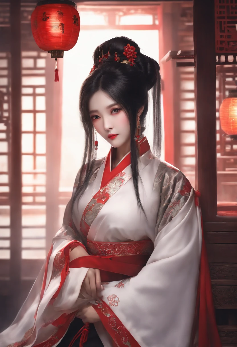 (bestquality:1.4), high-res, masterpiece,, 1girls,, Black Hair, purple eyes, (kemomimi), mediuml breasts, ,, Hair ornaments, (black|White Hanfu Clothing), detached sleeves,, red face,, lamp, shelter,, detailed face, ancient china