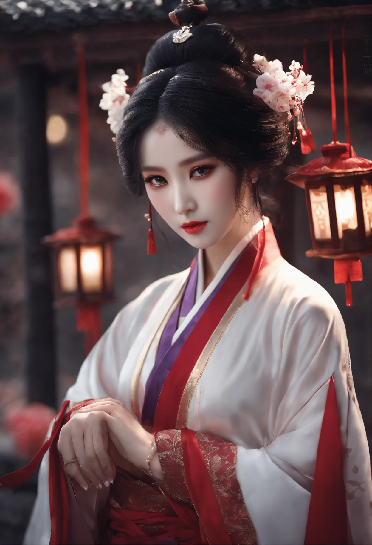 (bestquality:1.4), high-res, masterpiece,, 1girls,, Black Hair, purple eyes, (kemomimi), mediuml breasts, ,, Hair ornaments, (black|White Hanfu Clothing), detached sleeves,, red face,, lamp, shelter,, detailed face, ancient china