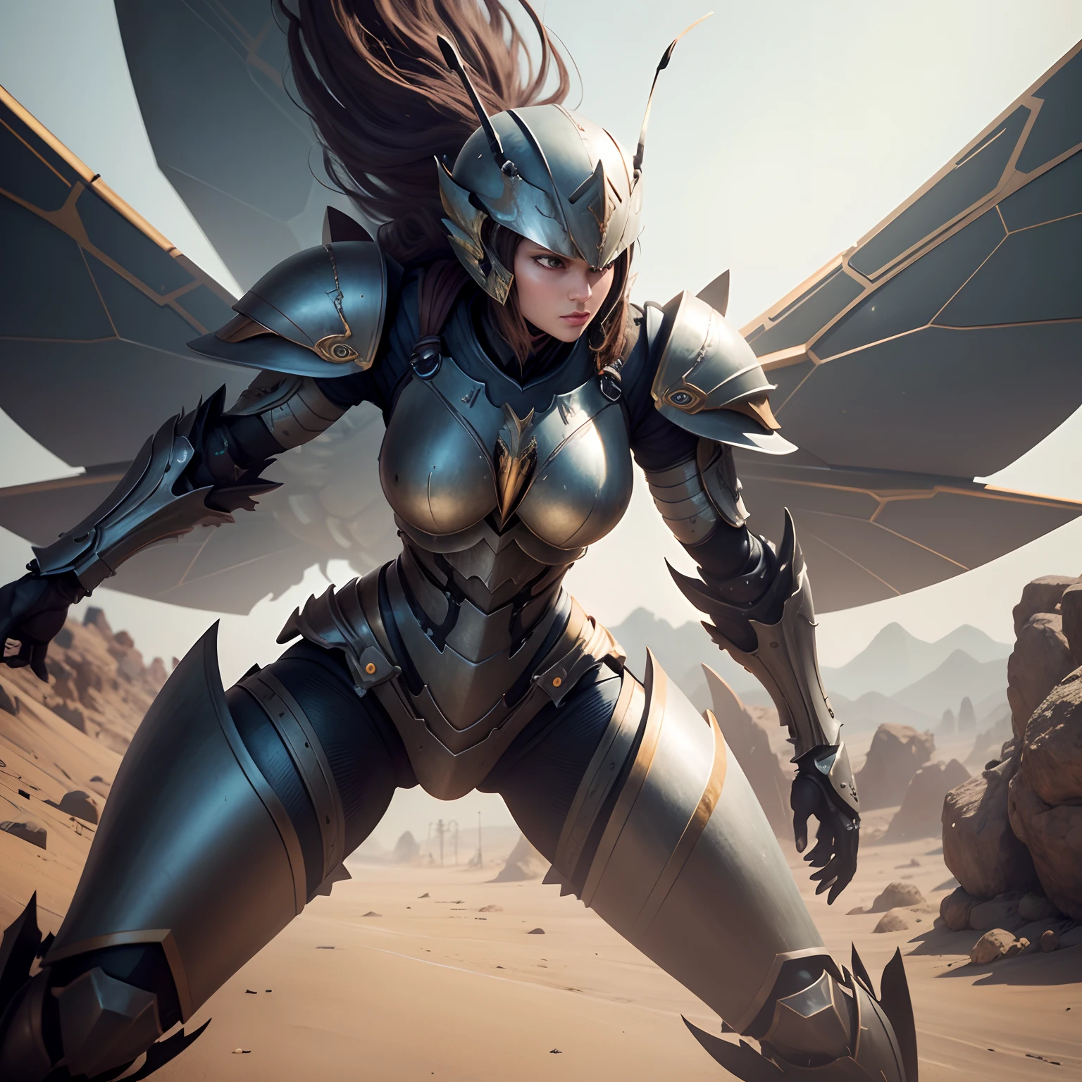Angled insect warriors in realistic 4K armor, full entire body,Super Detailed, Vray Display, Unrealistic engine, Midjourney Art Style.
