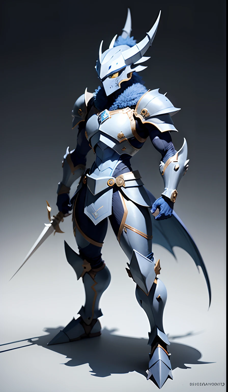 Solo, White background, armor, Simple background, Blue skin, Full body, Standing, , duel monster, myth, The dragon,