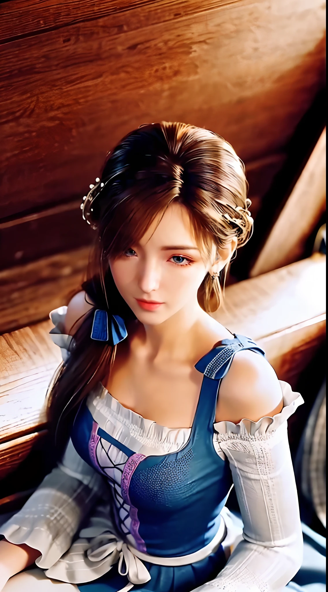 "1 beautiful girl, (((dressed in the style of a rural girl:1.6)), low slit, (((long chestnut hair:0.8))), most detailed and beautiful hair jewelry, mold most beautiful and flawless face, ((black eye pupils:0.8)), very beautiful eyes, big round eyes, ((brown eyes:1.1)), beautiful and detailed makeup eyelashes, nose tall, earrings, small red lips, rosy face, clean face, flawless beautiful face, smooth white skin, ((large breasts: 0.9)), Blums breasts, ((chest big and super round: 0.9)), ((super tight breasts: 1.2)), ((breast augmentation: 0.8)), beautiful breasts, slim and petite body, ((thin waist: 0, 9)), upper body of a beautiful girl, sexy girl, ((sitting position, leaning forward with arms in front and chest out: 1.6)), 8k photo, super high quality, surreal, 10x super pixels, realistic photo, dark studio, background bright, two-tone light, (high detail skin: 1.2), 8k uhd, soft light, high quality, volumetric light, realistic, High resolution photo, light, best photo, quality 4k, 8k, smooth and sharp, increased pixels by 10 times, super graphics, most realistic graphics, (((Snowfall background: 1.6))), 1 girl, alone, solo, ((portrait direct:1.2)), Extremely sharp, super realistic images."