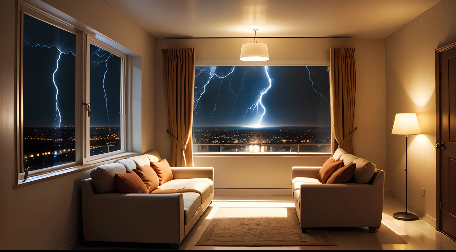 View from inside a house with a cozy sofa, a lamp illuminating the room, next to a huge window, the window is closed, a storm at night.