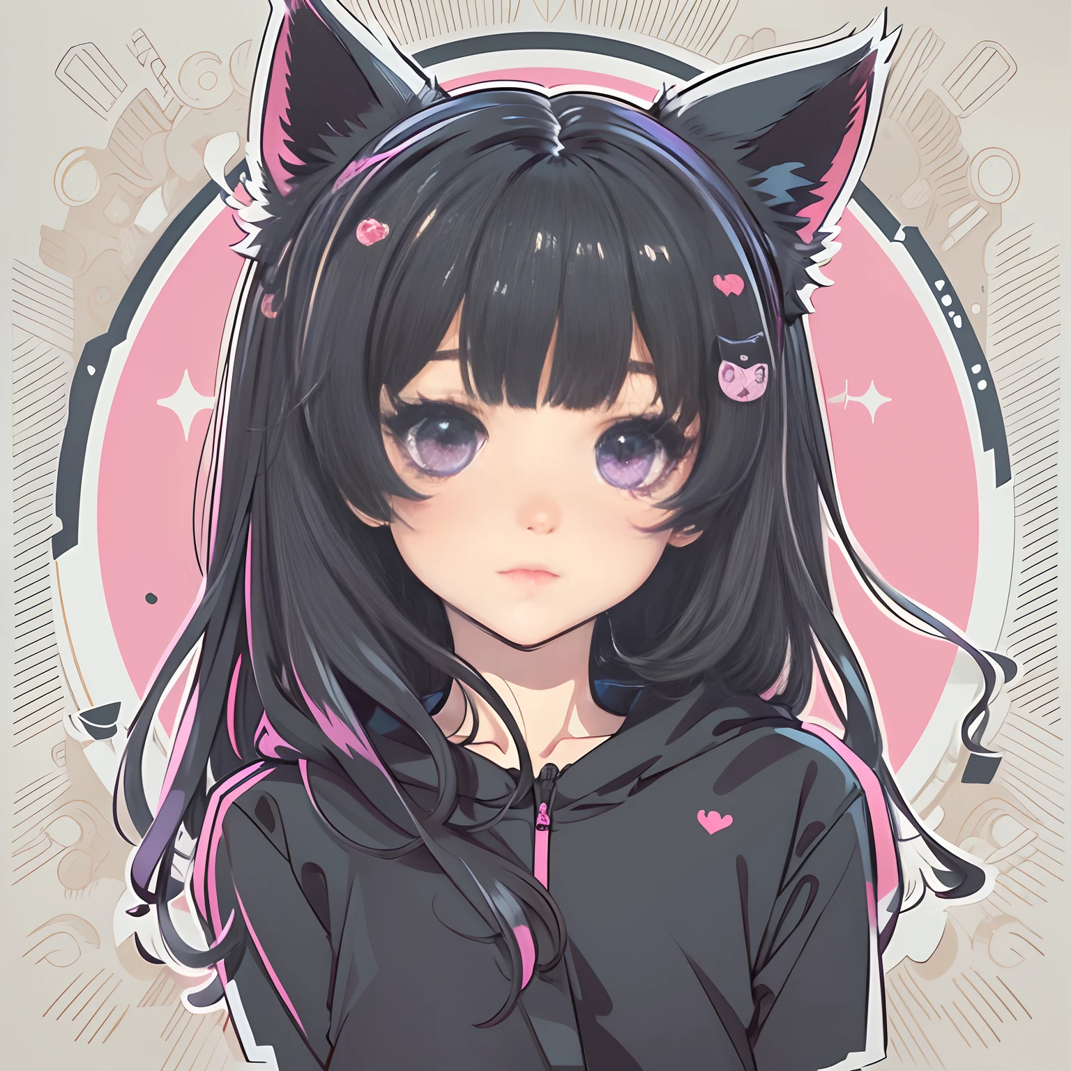 Sticker, Cute anime girl head, Long black hair style,Deep purple eyes，Black cat ears, cute clothing，in circle, White background, Bright pink, Simple, Ultra detailed, Detailed drawing, vectorised, Silhouette, 8K, professional sticker design, Flat design, Vector lines, Drawing, Drawing, Full-HD