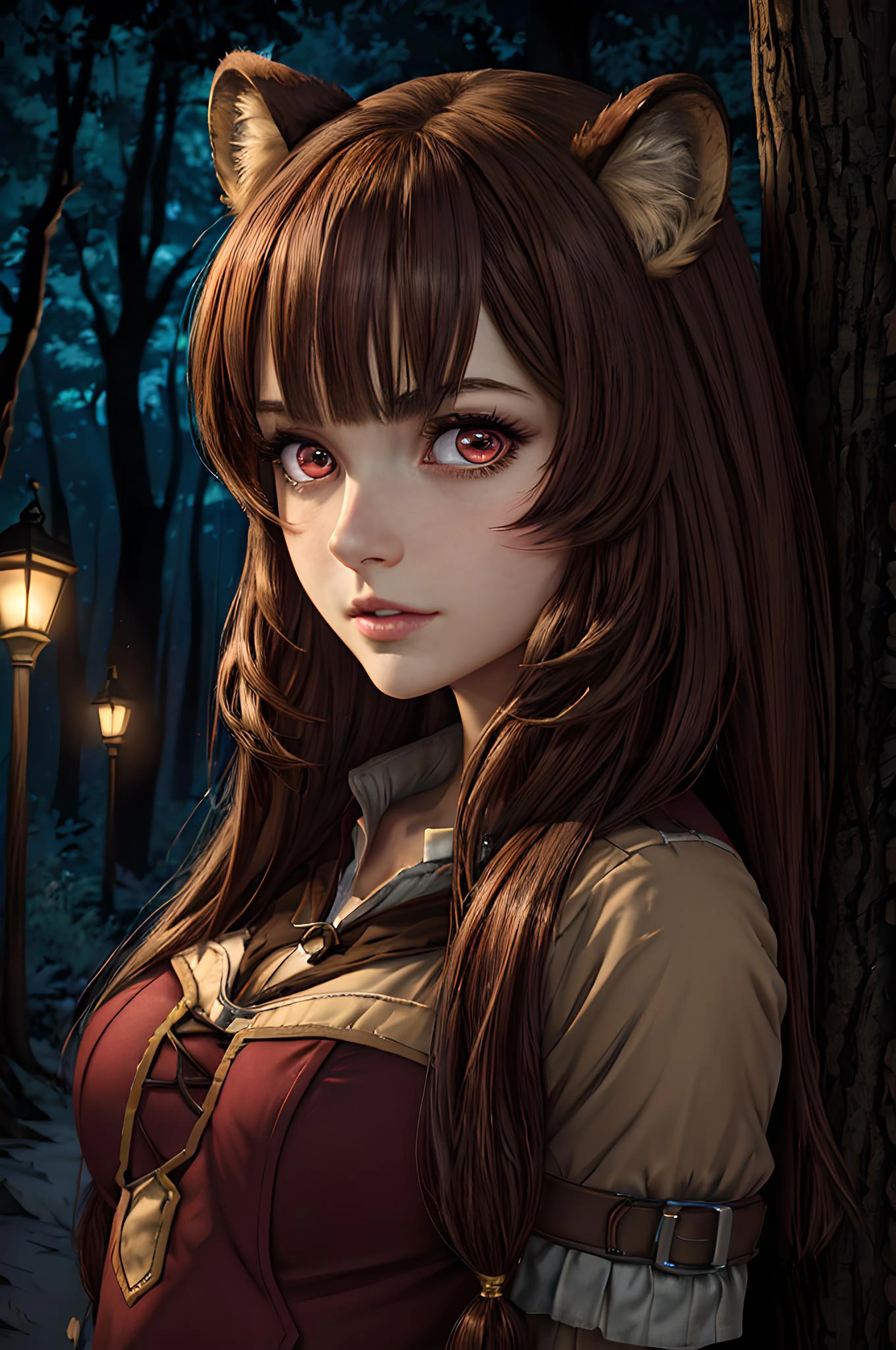8k , masterpice, 1girl, detailed, style anime, Raphtalia , red eyes, brown hair , adult, breast, detailed face, detailed eyes , raccoon girl, in a dark fantasy forrest, at night, night, dimmly lit, pine forrest, raccoon ears,
