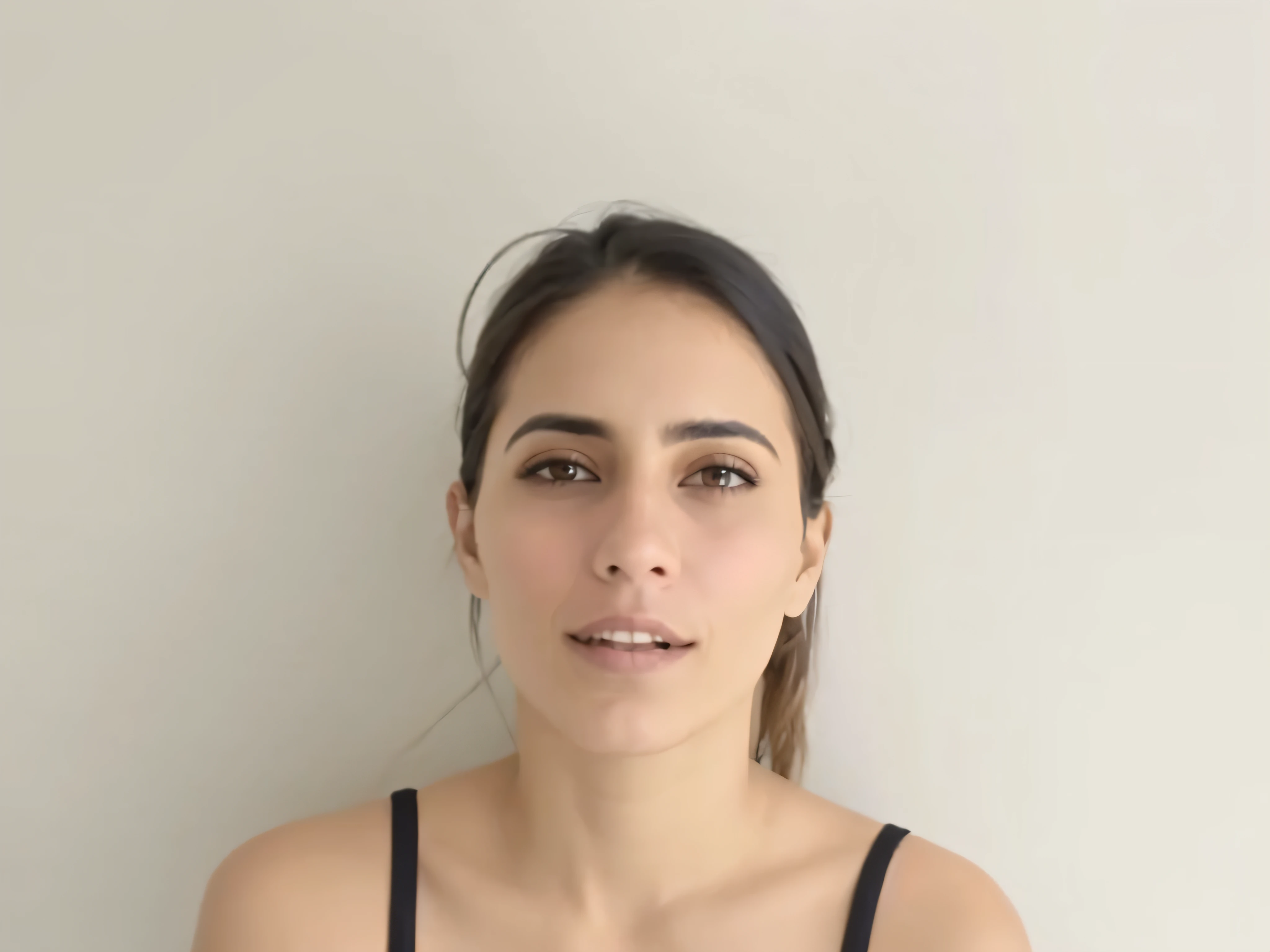 There is a woman in a black blouse holding a cell phone, imagen frontal, low quality video, Text and a pale young woman, she is facing the camera, Cara y hombros, Contorno facial pronunciado, Enfoque de cara y hombros, sin maquillaje, su cara enrojecida y sudor, postura frontal, fernanda suarez, Editorial images, Cara sudorosa, cara completa centrada frontalmente