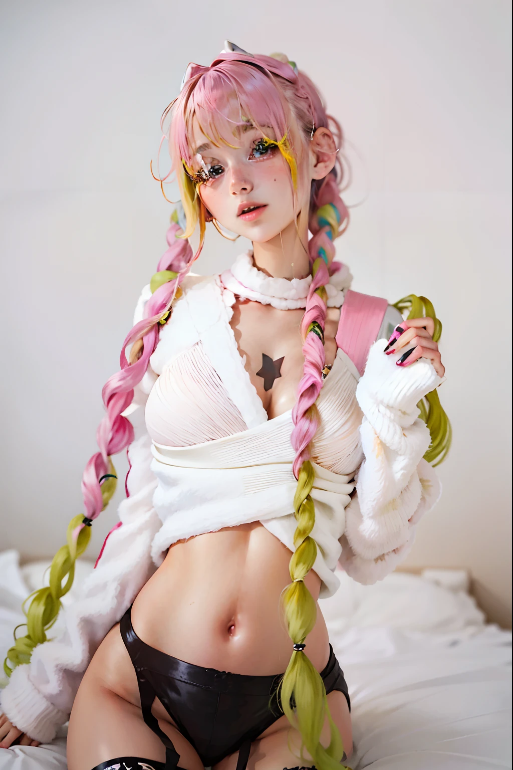 There's a woman with long pink and green hair, die auf einem Bett posiert, bunter Zopf, pigtails, Zopf, Braids hair, Hair in braids, langer Zopf, anime girl cosplay, with black pigtails, pigtails hairstyle, Pinkes Twintail-Haar und cyanfarbene Augen, Decora-inspiriert, blonde hair with braids, Zopfzöpfe