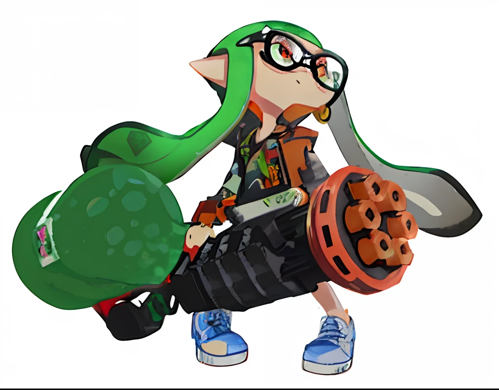 , with splatoon style, Splatoon, Splatoon 3, squids, I have a squid tattoo on my arm, squid, With a tattoo of squid, Splattered goo, maple story gun girl, splashcreen character art, arms akimbo pose, Portrait of the Wizard of Squid, Squid attack, videogame character