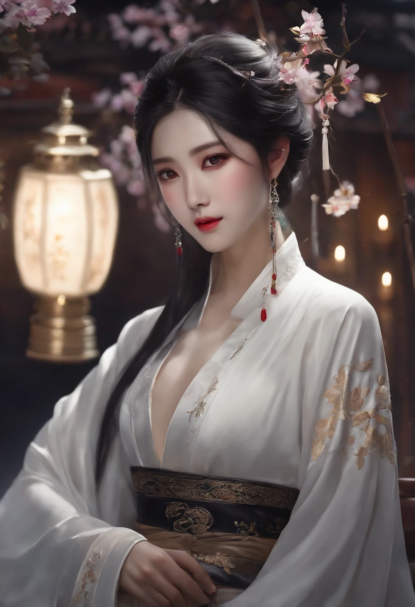 (bestquality:1.4), high-res, masterpiece,, 1girls,, Black Hair, purple eyes,, mediuml breasts, ,, Hair ornaments, (black|White Hanfu Clothing), detached sleeves,, Rat Lamp, shelter,, detailed face, ancient china