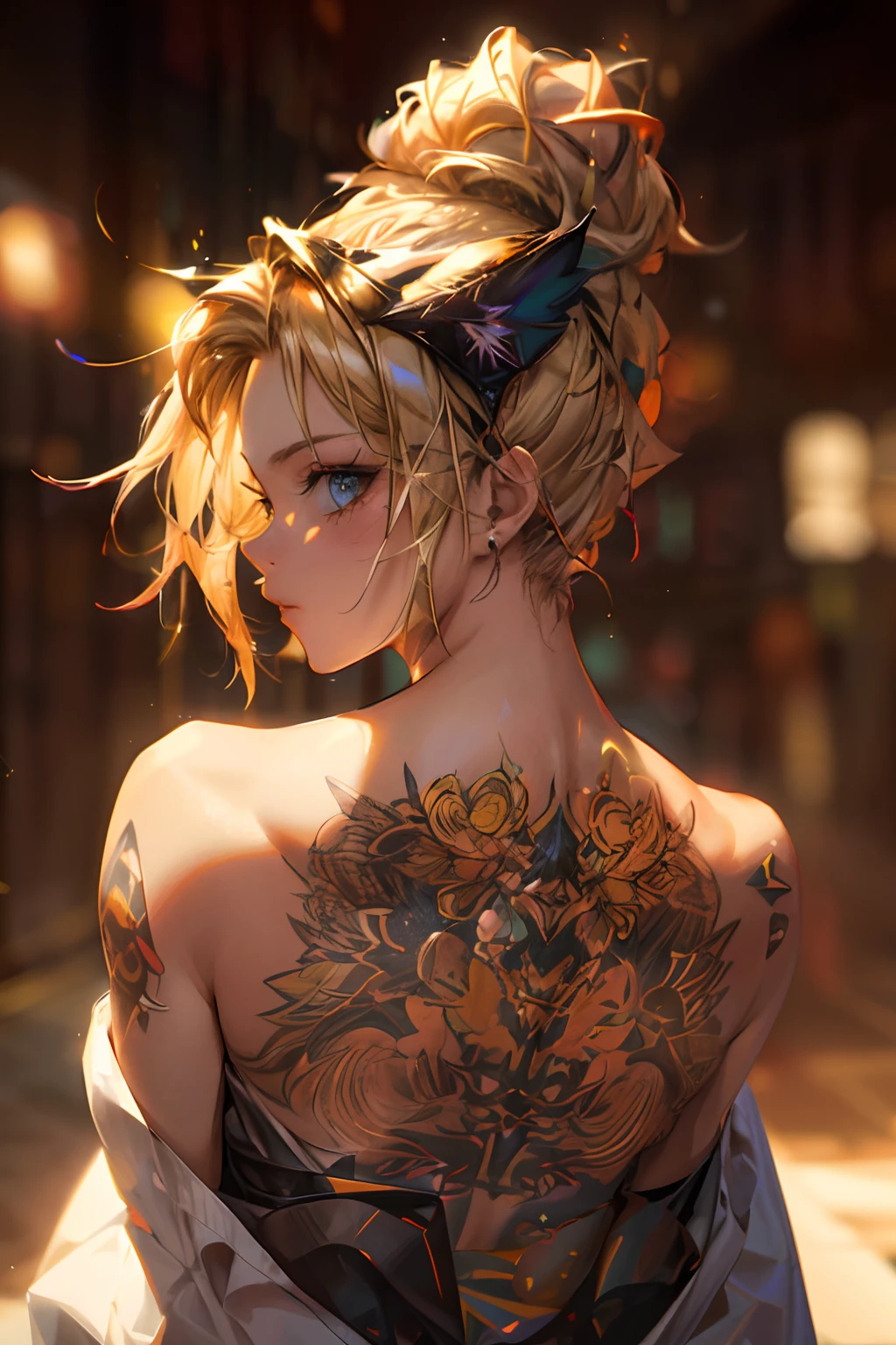 Cat ears Glitter Neon Cityscape Masterpiece Cat Ears Blonde Girl Tattoo Cyberpunk Breaktree Production Art、(Warm light source:1.2)、(fireflys:1.2)、abajour、Lots of Purples and Oranges、intricate detailes、Volumetric lighting、BREAK Realism(​master piece: 1.2) , (Top image quality), 4K, The ultra-detailliert, (dynamic compositions: 1.4), high detailing, Colorful Detail, (Irridescent color: 1.2), (Bright lighting, Atmospheric lighting), dream-like, Magical, (独奏: 1.2)