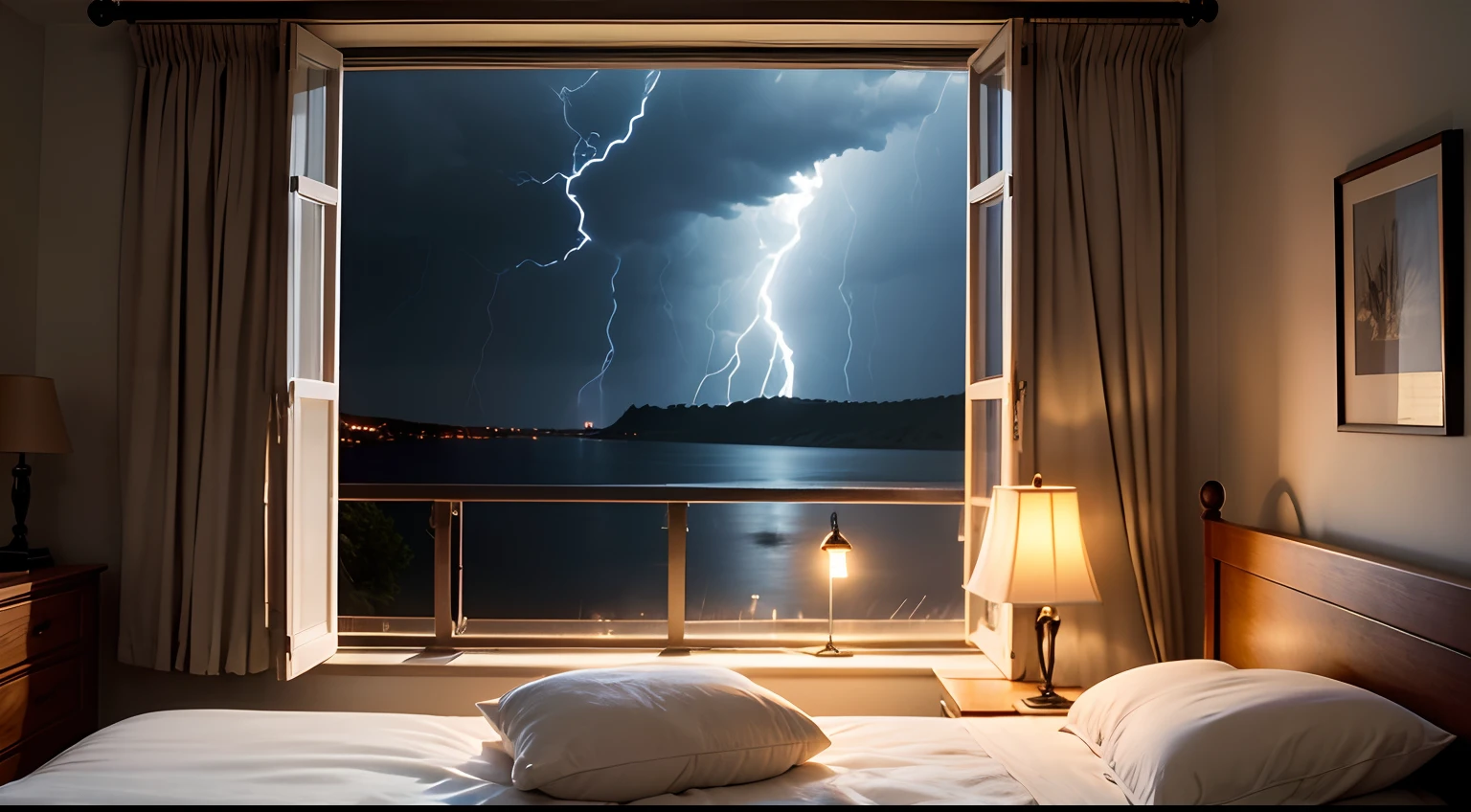 View from inside a house with a cozy bed, a lamp illuminating the room, next to a large window, a storm at night.