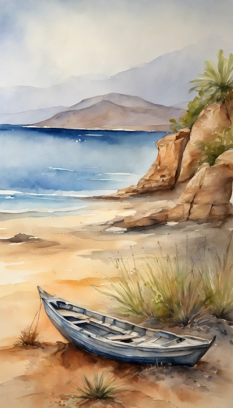 A girl, castaway, background a beach, oil painting, blond, squat