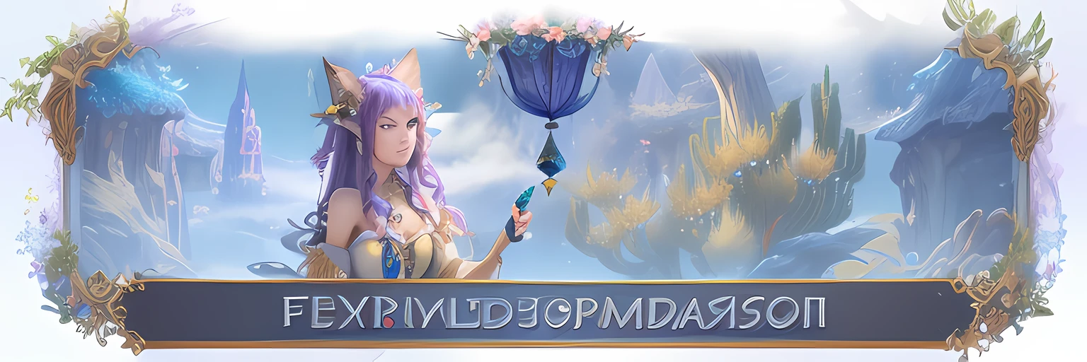 ((masterpiece)), (8k, high_resolution), (best quality), ultra-detailed, a close up of a woman in a dress with a cat on her head, fae wilds sky, fogy, fey, foxy, fantasy mmo, feywild, ethereal fox, fog!, mmorpg fantasy, new character, exotic fey features, detailed decorations, gold lighting, desert background