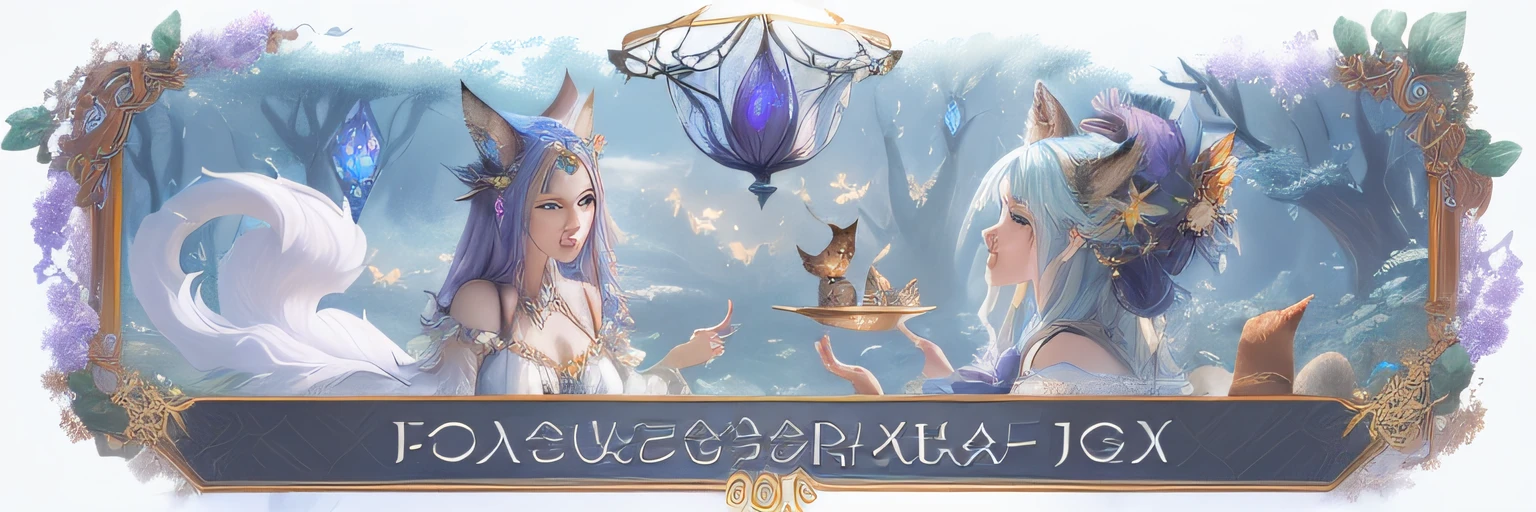 ((masterpiece)), (8k, high_resolution), (best quality), ultra-detailed, a close up of a woman in a dress with a cat on her head, fae wilds sky, fogy, fey, foxy, fantasy mmo, feywild, ethereal fox, fog!, mmorpg fantasy, new character, exotic fey features, detailed decorations, gold lighting, desert background