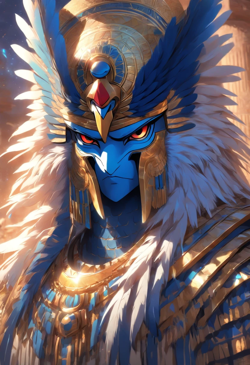 (((God HorusHawkhead)))best quality, ultra-high resolution, 4K detailed CG, master piece,Horus,Egyptian god,Egyptian mythology,Egyptian temple,Bird head,blue and white feathers,Egyptian clothing,( (Blue Falcon Head)),desert,aesthetics, Beautiful image, centered on the screen