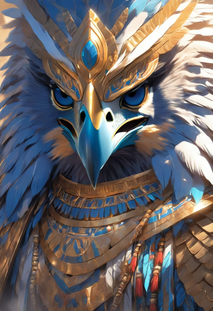 (((God HorusHawkhead)))best quality, ultra-high resolution, 4K detailed CG, master piece,Horus,Egyptian god,Egyptian mythology,Egyptian temple,Bird head,blue and white feathers,Egyptian clothing,( (Blue Falcon Head)),desert,aesthetics, Beautiful image, centered on the screen