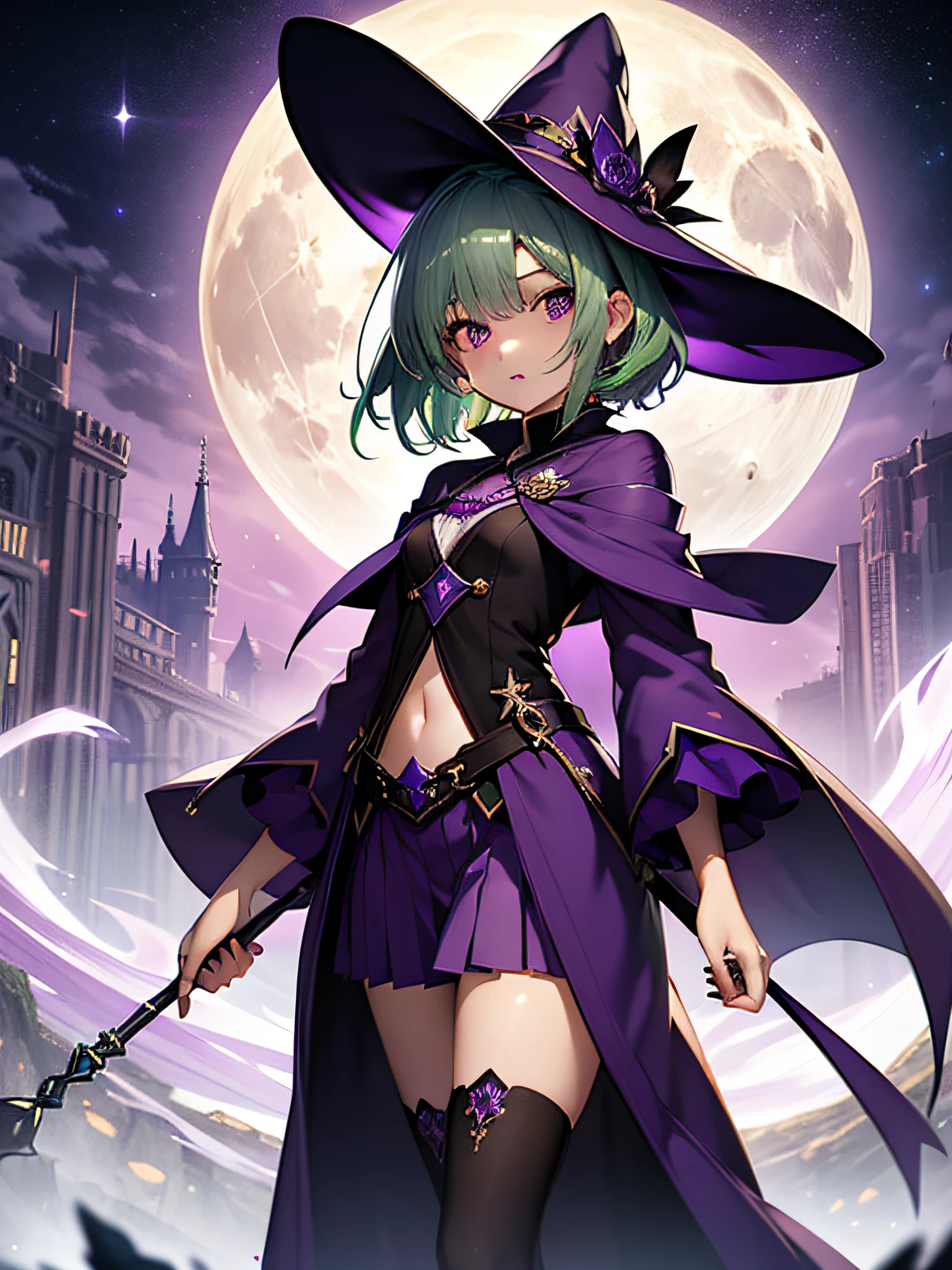 top-quality、extremely delicate and beautiful、(A teenage girl)、Purple Eye、Green hair、short-haired、(purple witch hat)、Purple tie、Soio、shortsleeves、Purple skirt、Purple Wizard Robe、Navel、is standing、Full moon night on background