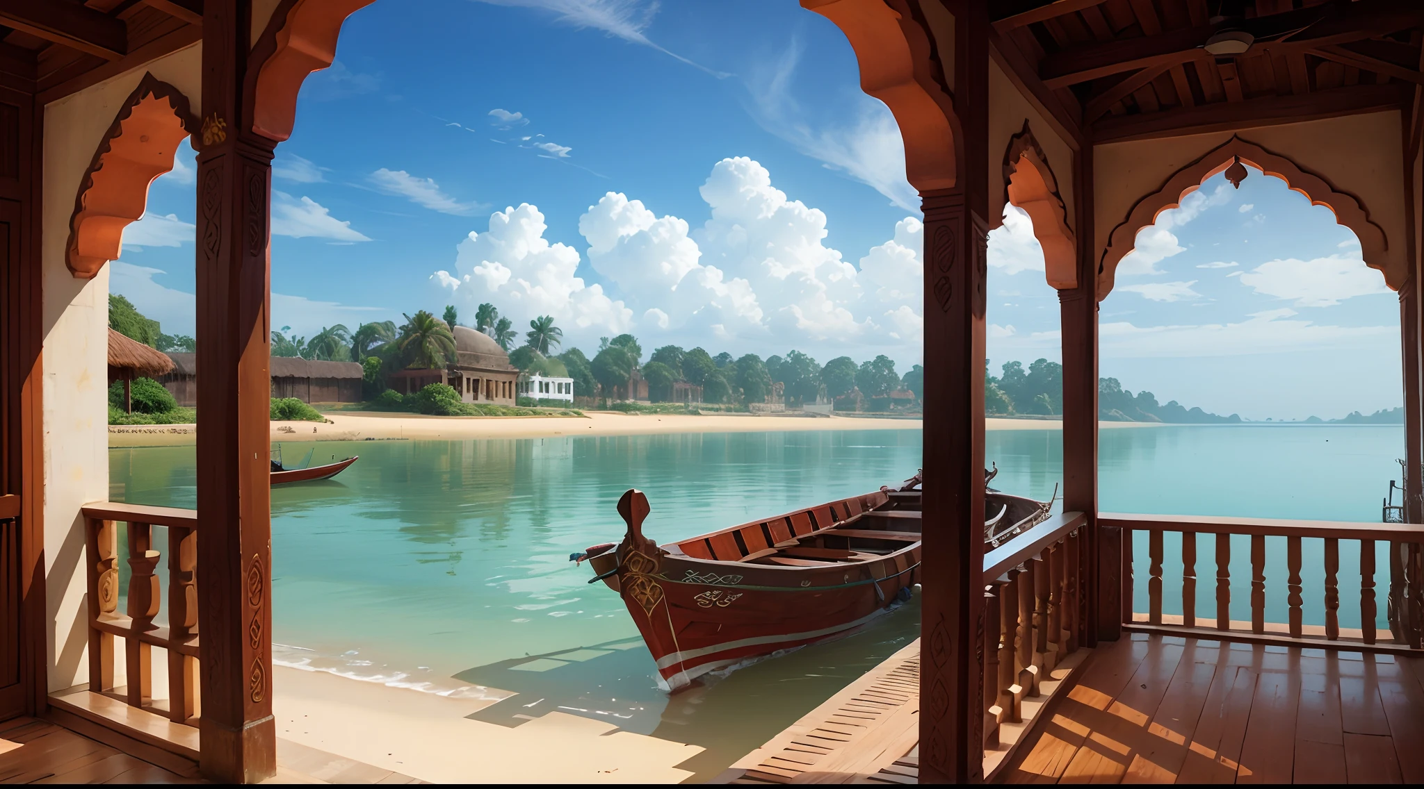 Dock of Calicut, India, Bharat, indian style, indo-muslim style, mixture of muslim and indian style, 15th cenutry, medieval age, exterior, india and hinduism element in architecture, humid and wet and hot