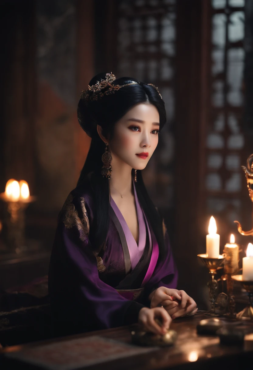 (bestquality:1.4), high-res, master-piece,, 1girls,, Black Hair, purple eyes,, mediuml breasts, ,, Hair ornaments, (black|Hanfu Black Clothing Single sleeve,, Lamps, shelters.,, detailed face, ancient china