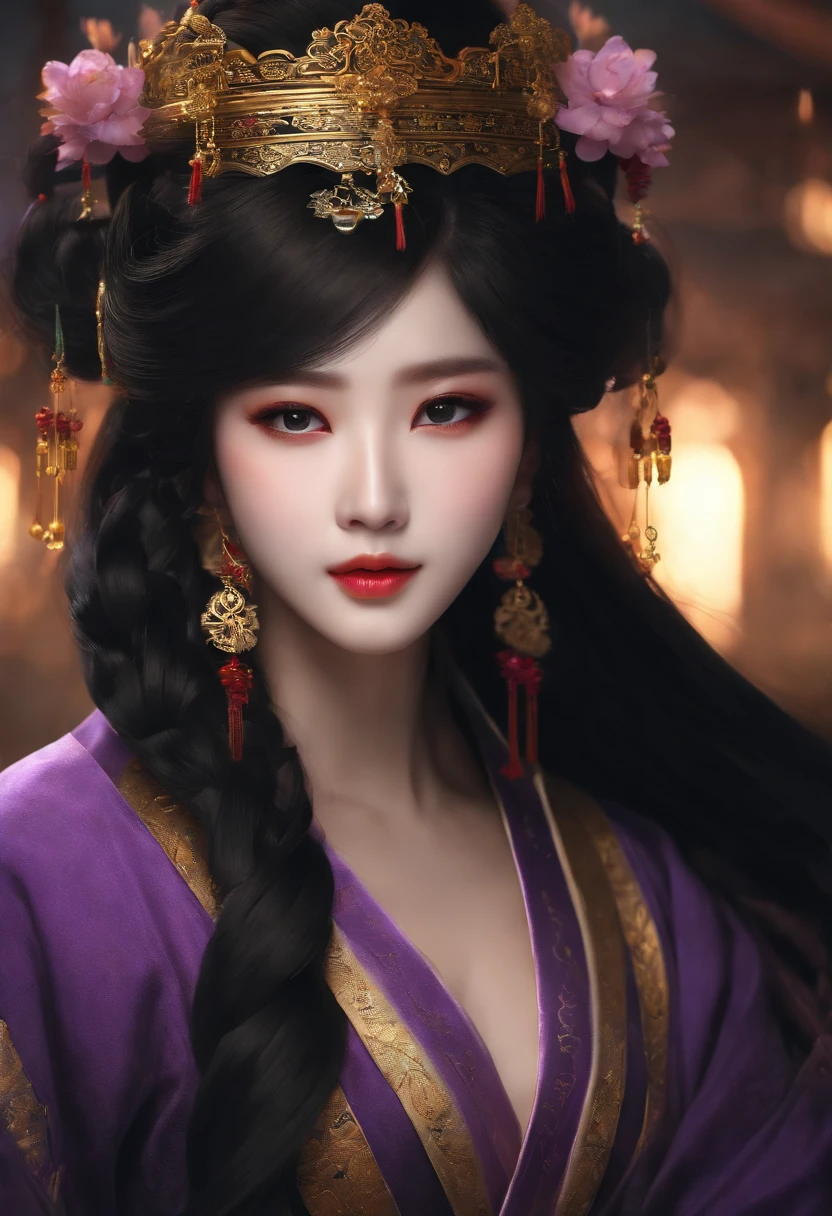 (bestquality:1.4), high-res, master-piece,, 1girls,, Black Hair, purple eyes,, mediuml , ,, Hair ornaments, (black|Hanfu Black Clothing Single sleeve,, Lamps, shelters.,, detailed face, ancient china