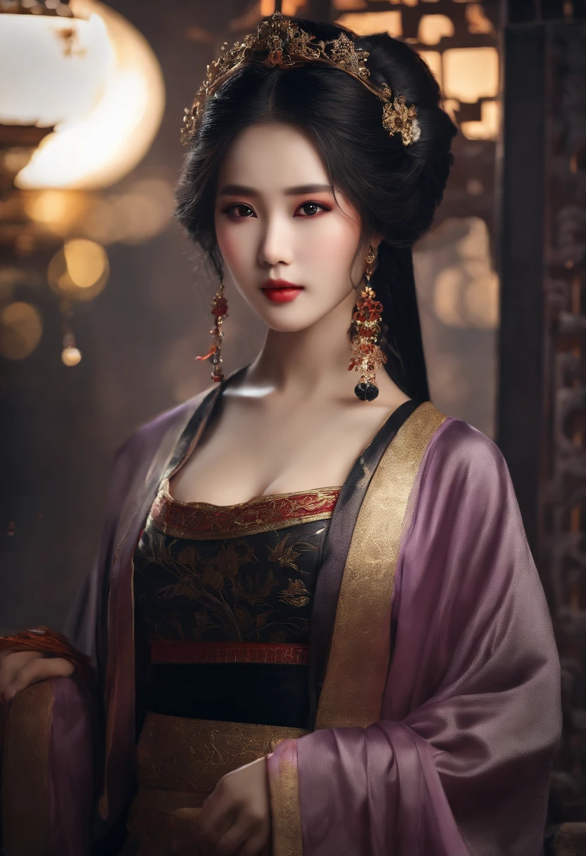 (bestquality:1.4), high-res, master-piece,, 1girls,, Black Hair, purple eyes,, mediuml breasts, ,, Hair ornaments, (black|Hanfu Black Clothing Single sleeve,, Lamps, shelters.,, detailed face, ancient china