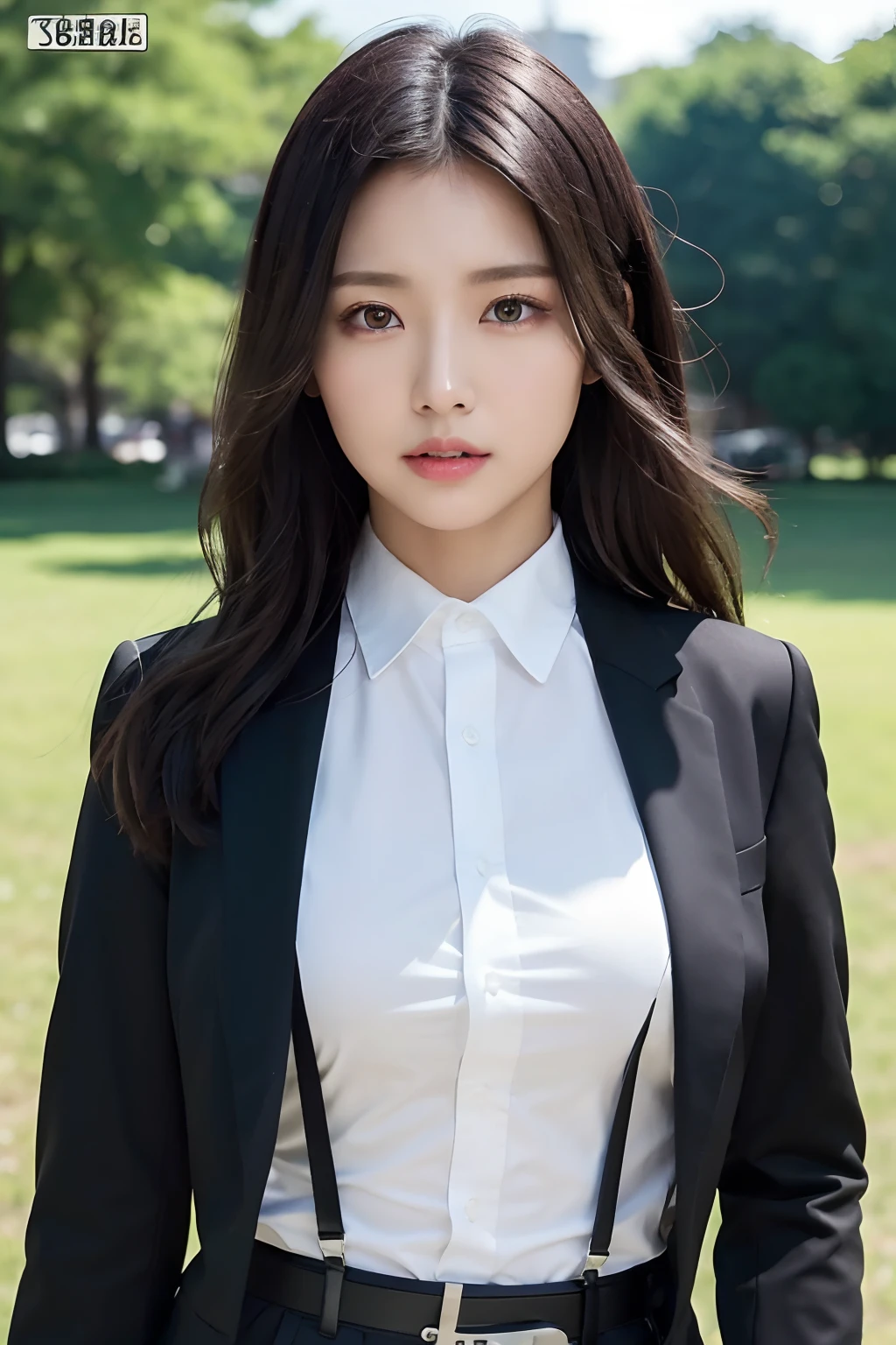 ​masterpiece、top-quality、The ultra -The high-definition、、colourfull、flat-colors、depth of fields、lens flare 1 girl、、A dark-haired、watching at viewers　suits　Cutter shirt　a belt　suspenders　working adults　materia　OL　Black Suit　Black jacket　glares　large full breasts