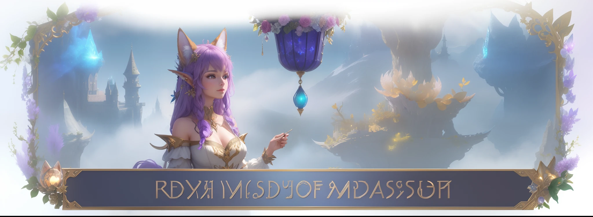 ((masterpiece)), (8k, high_resolution), (best quality), ultra-detailed, a close up of a woman in a dress with a cat on her head, fae wilds sky, fogy, fey, foxy, fantasy mmo, feywild, ethereal fox, fog!, mmorpg fantasy, new character, exotic fey features, detailed decorations, gold lighting, desert background
