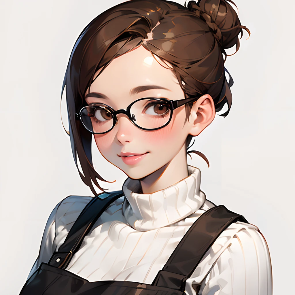 1woman, short brown hair in a bun, brown eyes, glasses, black apron, white ribbed sweater, blush, full lips, smile, solo, best quality, masterpiece, portrait, simple background, looking at the camera, from the front, 1result, vibrant, detailed, perfect anatomy, detailed art, high definition, 4k, high resolution