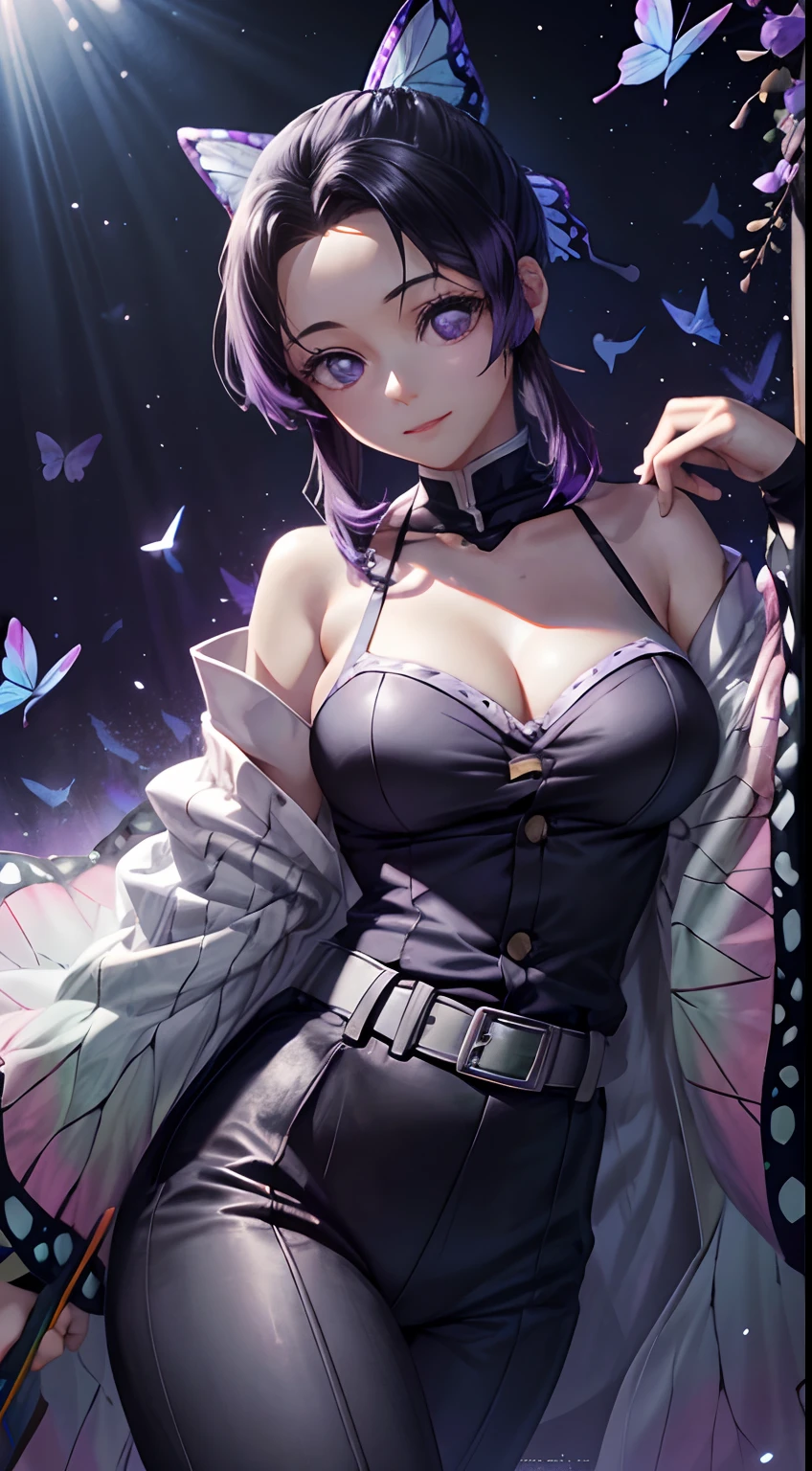 Ultra-realistic 8K CG,tmasterpiece,((Ultra detailed backgrounds,delicate patterns,Complicated details)),Best quality at best,very vey very detailed face,very detailed eyes and faces,Very detailed eyes,Kochou Shinobu,O cabelo multicolorido,No bangs,hair intakes,Purple eye,Forehead,Black shirt,Black pantsuit,haori,butterflys,Button,obi strip,(trpical garden:1.2),purple flower,tchibi,mostly cloudy sky,rays of sunshine,Tyndall effect,Gradient_sky,the face,beautiful sky,Saber on the waist,captivating posture,(Large breasts),(cleavage),(Off-the-shoulder attire:1.3)