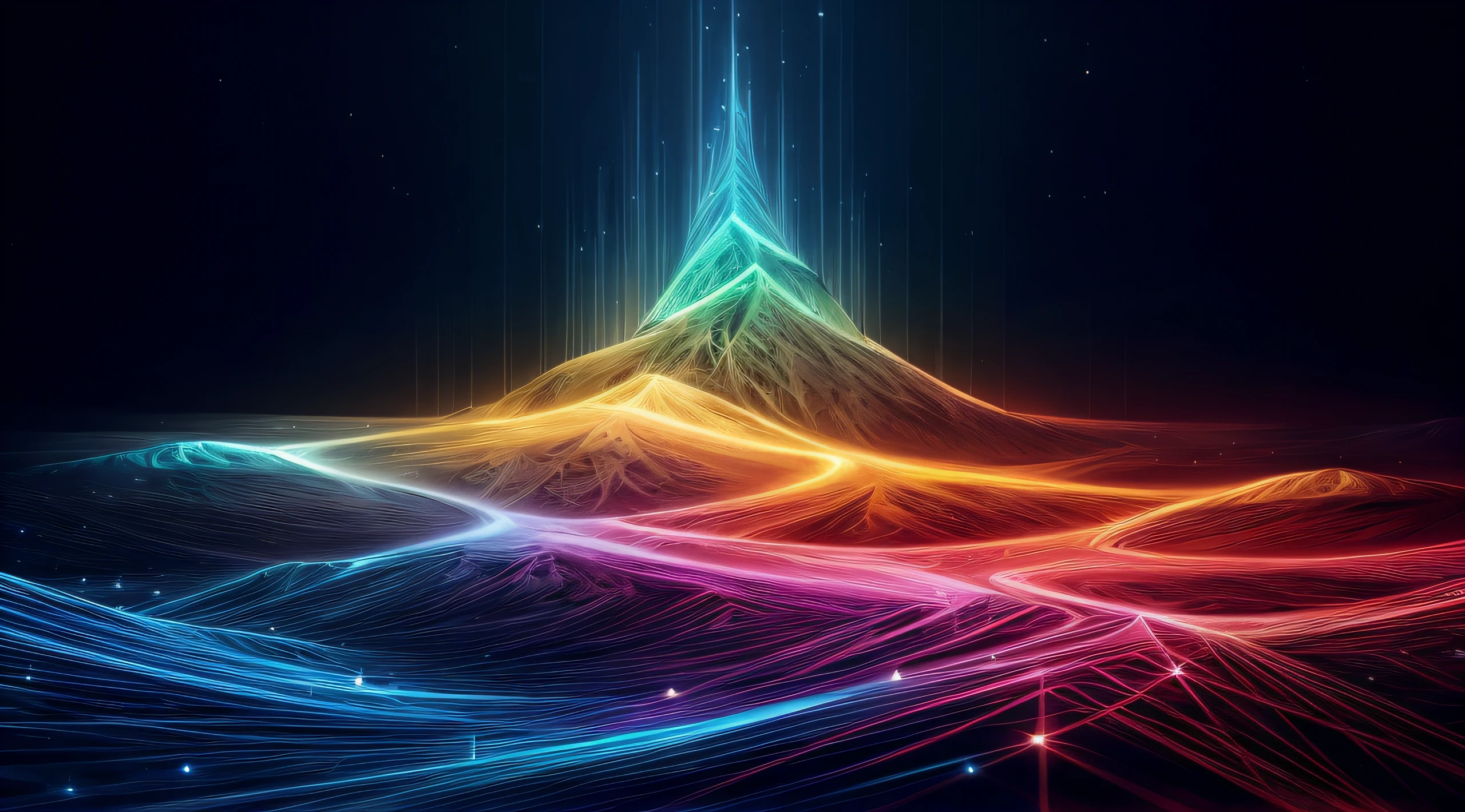 um fundo abstrato colorido com uma montanha e estrelas, intricate rainbow environment, neon landscape, ondas de luz coloridas, magnificent background, fundo fresco, arte de fundo, Arte Digital 4K, paper awesome wallpaper, futuristic background, chama fractal, arte digital futurista, amazing colorful background, 8k hd papel de parede arte digital, linhas brilhantes, Arte digital altamente detalhada em 4k, Arte digital detalhada em 4k