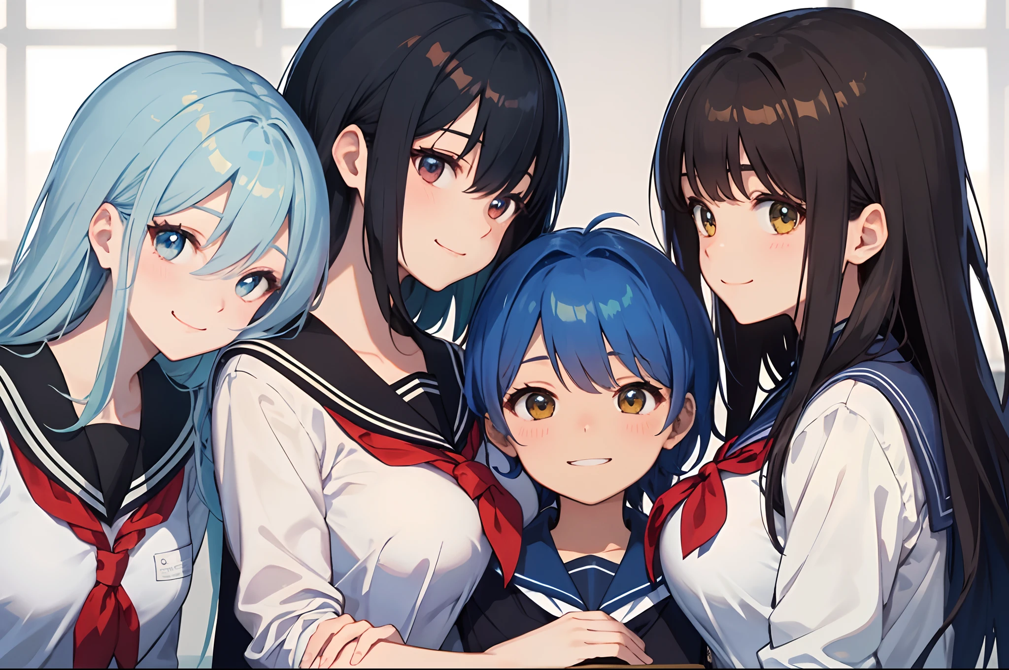 masterpiece、top-quality、detaile、hight resolution、extremely delicate and beautiful、Blue-haired、simple background、upper body closeup、beutiful breast、hi-school girl、a sailor suit、校服、student clothes、family restaurant、Smile、multiple female、5 women、4 females、3 women、