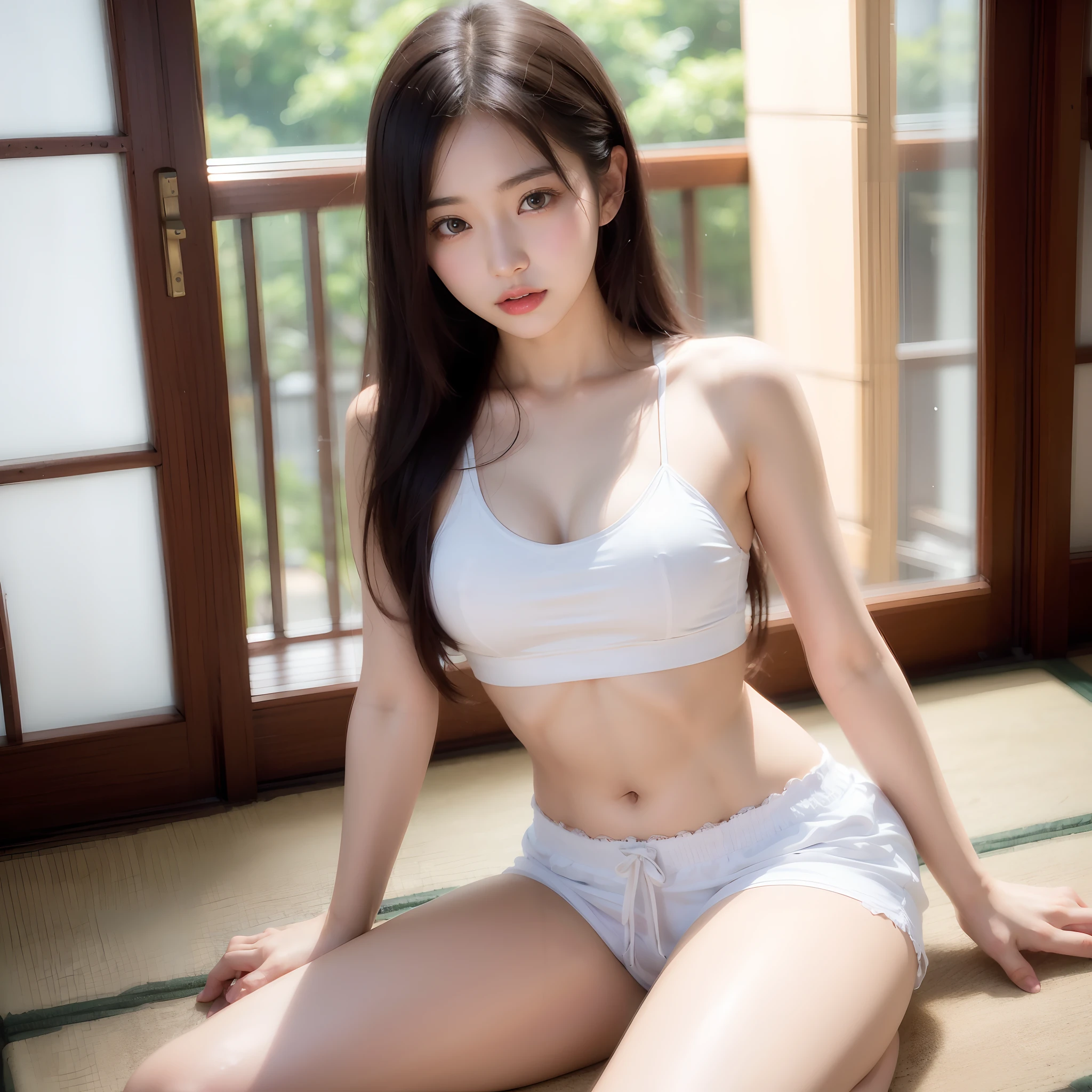 arafed asian woman in a tang top and short pants posing for a picture, wearing tight simple clothes, tang top, korean girl, gorgeous young korean woman, wearing tang top, wearing a sexy cropped top, beautiful asian girl, beautiful young korean woman, japanese model, photo of slim girl model, 2 4  old female model, sultry body with sexy belly