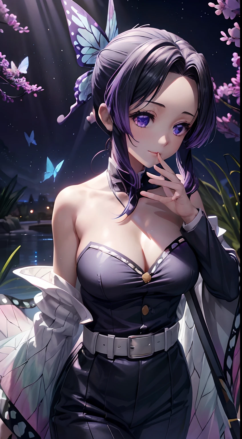 Ultra-realistic 8K CG,tmasterpiece,((Ultra detailed backgrounds,delicate patterns,Complicated details)),Best quality at best,very vey very detailed face,very detailed eyes and faces,Very detailed eyes,Kochou Shinobu,O cabelo multicolorido,No bangs,hair intakes,Purple eye,Forehead,Black shirt,Black pantsuit,haori,butterflys,Button,obi strip,(trpical garden:1.2),purple flower,tchibi,mostly cloudy sky,rays of sunshine,Tyndall effect,Gradient_sky,the face,beautiful sky,Saber on the waist,captivating posture,(Large breasts),(cleavage),(Off-the-shoulder attire:1.3)