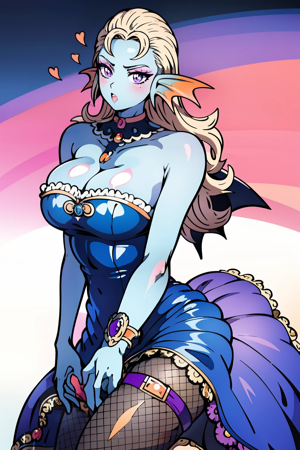 8K,high quality,anime,married woman,beautiful woman,bright,eye highlights,purple eyes,sexy,super big tits,oversized boobs,erotic,beautiful line drawing. Blue skin, blue and orange gradient fins, black dress, ornaments on left arm, beautiful dress with ornaments, dark facial makeup, double eyelids, net tights on legs, simple background, skirt held down by hand,