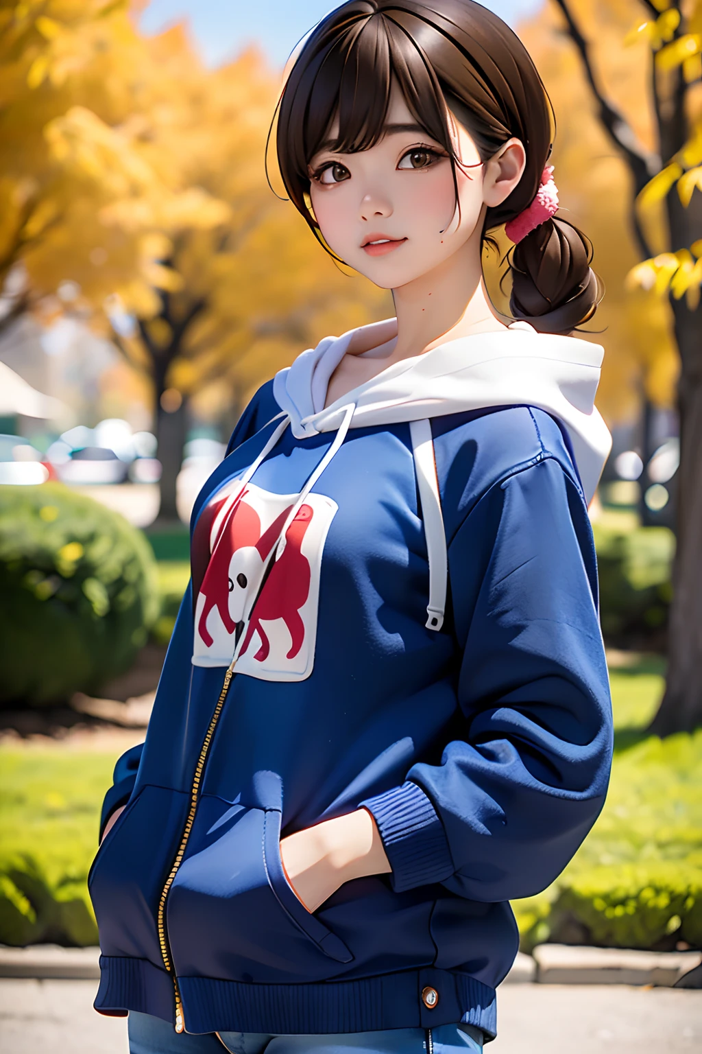top-quality、masuter piece、ultra-detailliert、8k、独奏、portlate:1.3、Cowboy Shot、parfect anatomy、1 girl in、shorth hair、(((Hair tied in two、brown haired:1.3)))、Spider-Man Print Hoodie、Old Denim、slightly larger breasts、Natural look、red-lips、You have both hands in your pockets、(((plein air:1.2、a park、blue open sky、Maple tree of red color、a park)))、(((blurry backround:1.5、Blurry and invisible background)))