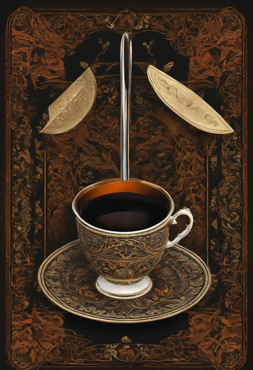 no estilo de carta de oraculo, contornos artnoveau, uma carta preta com tres simbolos: a cup and two daggers crossed below the cup, ar de envelhecida