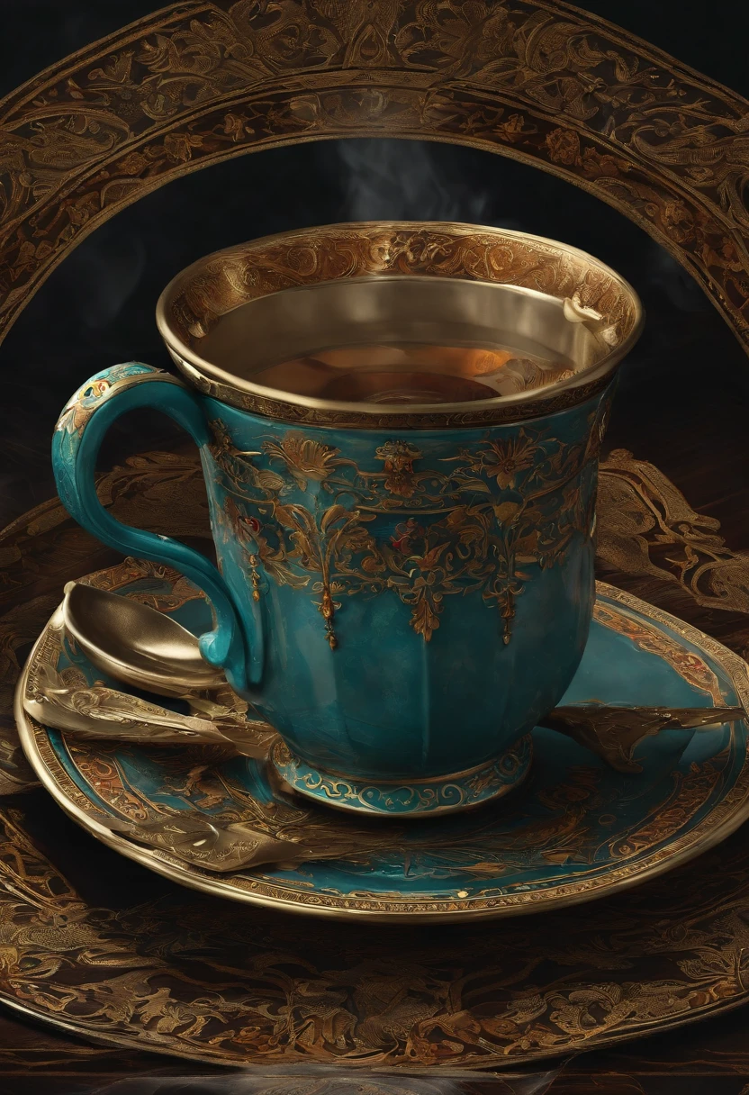 no estilo de carta de oraculo, contornos artnoveau, uma carta preta com tres simbolos: a cup and two daggers crossed below the cup, ar de envelhecida