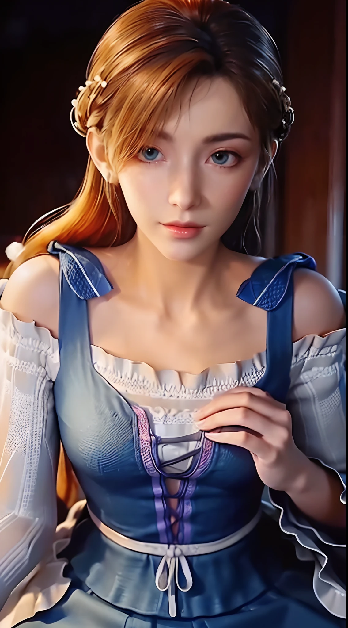 "1 beautiful girl, (((dressed in the style of a rural girl:1.6)), low slit, (((long chestnut hair:0.8))), most detailed and beautiful hair jewelry, mold most beautiful and flawless face, ((black eye pupils:0.8)), very beautiful eyes, big round eyes, ((brown eyes:1.1)), beautiful and detailed makeup eyelashes, nose tall, earrings, small red lips, rosy face, clean face, flawless beautiful face, smooth white skin, ((large breasts: 0.9)), Blums breasts, ((chest big and super round: 0.9)), ((super tight breasts: 1.2)), ((breast augmentation: 0.8)), beautiful breasts, slim and petite body, ((thin waist: 0, 9)), upper body of a beautiful girl, sexy girl, ((sitting position, leaning forward with arms in front and chest out: 1.6)), 8k photo, super high quality, surreal, 10x super pixels, realistic photo, dark studio, background bright, two-tone light, (high detail skin: 1.2), 8k uhd, soft light, high quality, volumetric light, realistic, High resolution photo, light, best photo, quality 4k, 8k, smooth and sharp, increased pixels by 10 times, super graphics, most realistic graphics, (((Snowfall background: 1.6))), 1 girl, alone, solo, ((portrait direct:1.2)), Extremely sharp, super realistic images."