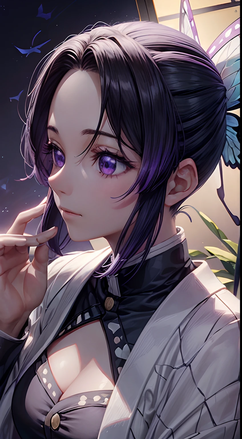Ultra-realistic 8K CG，tmasterpiece，（（Ultra detailed backgrounds，delicate patterns，Complicated details）），Best quality at best，very vey very detailed face，very detailed eyes and faces，Very detailed eyes，Kochou Shinobu，O cabelo multicolorido，No bangs，hair intakes，Purple eye，Forehead，Black shirt，Black pantsuit，haori，butterflys，Button，obi strip，（trpical garden：1.2），purple flower，tchibi，mostly cloudy sky，rays of sunshine，Tyndall effect，Gradient_sky，the face，beautiful sky，Saber on the waist，captivating posture，（Large breasts)，（cleavage)，（Off-the-shoulder attire:1.3)