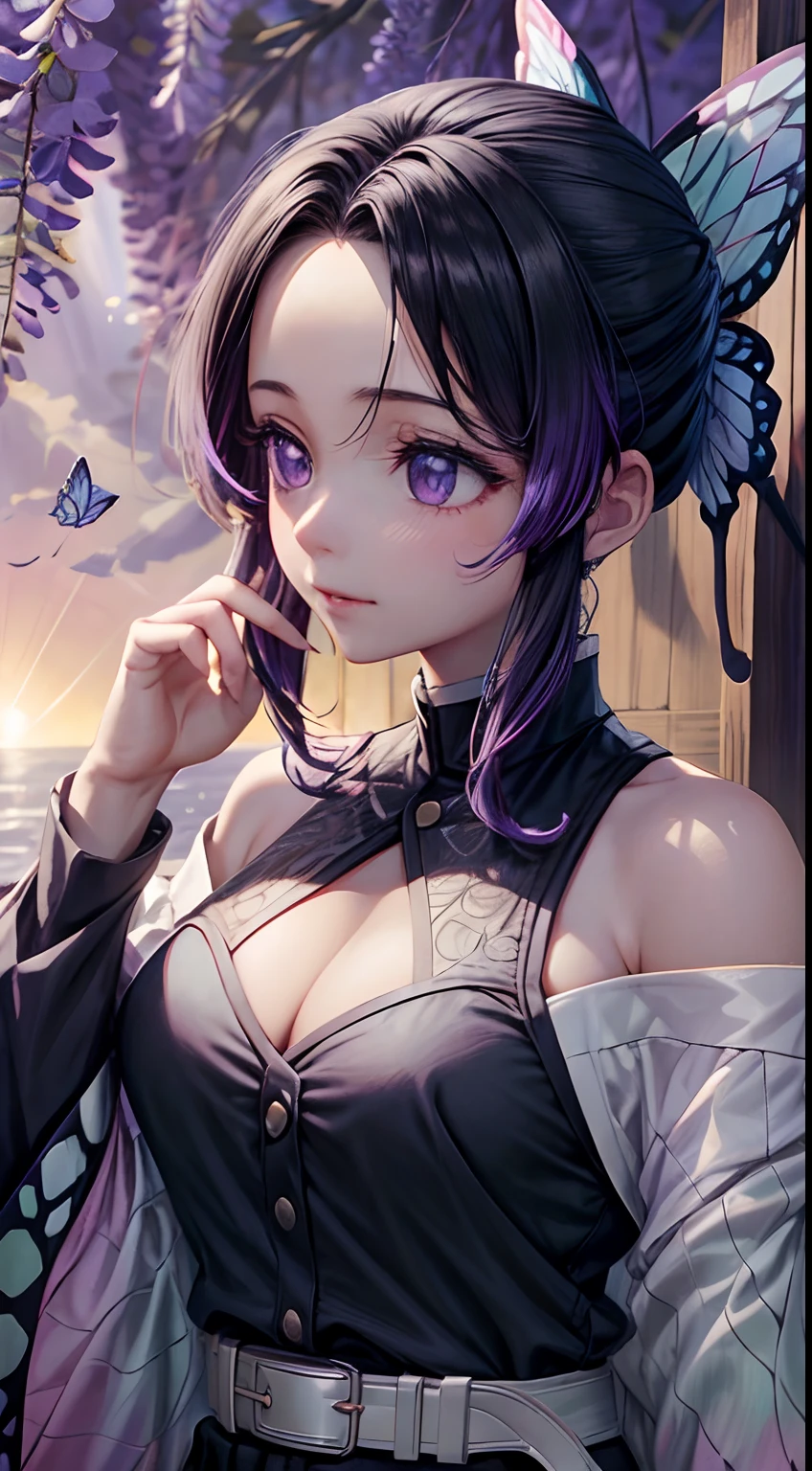 Ultra-realistic 8K CG，tmasterpiece，（（Ultra detailed backgrounds，delicate patterns，Complicated details）），Best quality at best，very vey very detailed face，very detailed eyes and faces，Very detailed eyes，Kochou Shinobu，O cabelo multicolorido，No bangs，hair intakes，Purple eye，Forehead，Black shirt，Black pantsuit，haori，butterflys，Button，obi strip，（trpical garden：1.2），purple flower，tchibi，mostly cloudy sky，rays of sunshine，Tyndall effect，Gradient_sky，the face，beautiful sky，Saber on the waist，captivating posture，（Large breasts)，（cleavage)，（Off-the-shoulder attire:1.3)