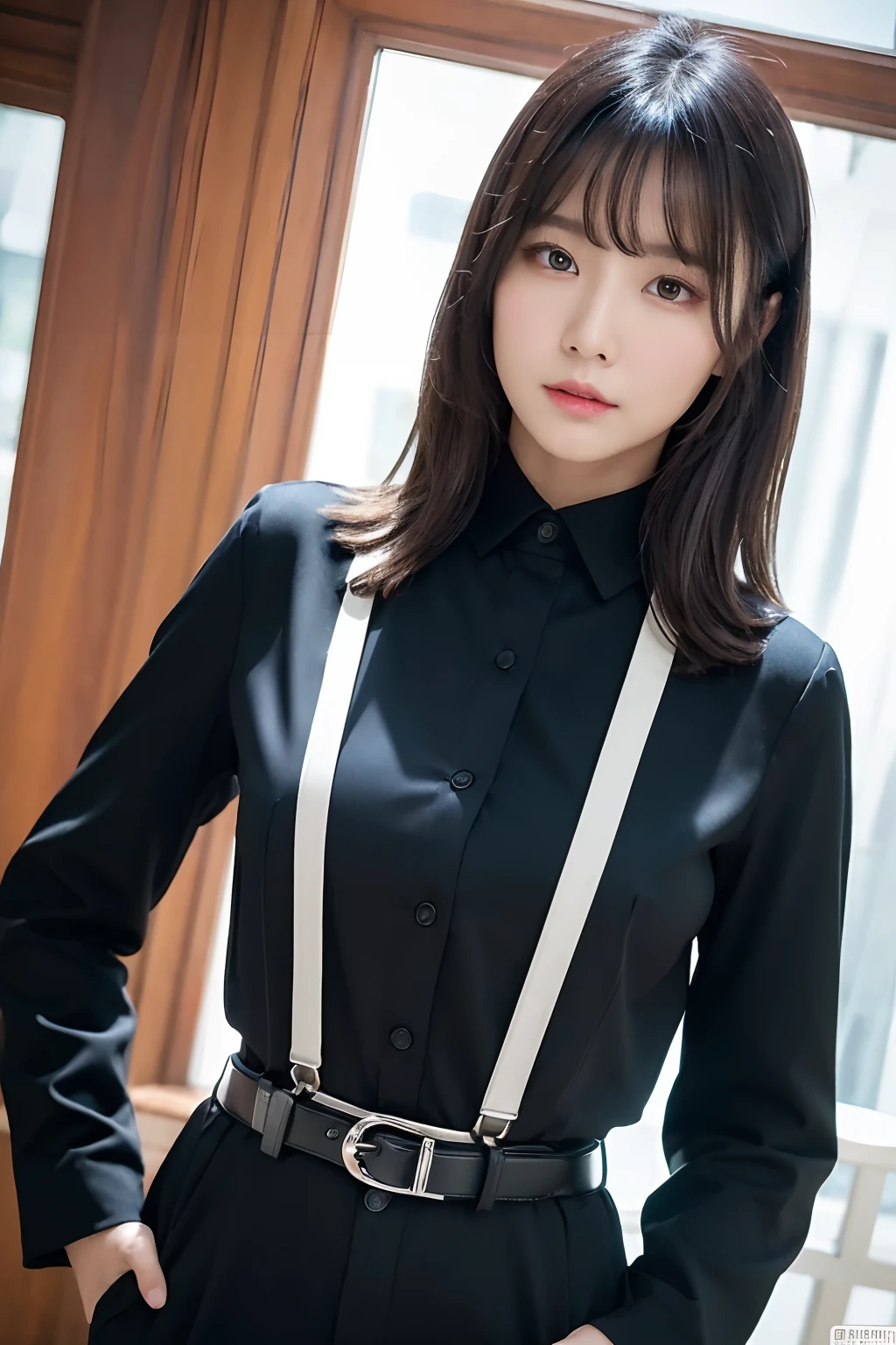 (Young Japanese woman wearing a black open-collared shirt,20-year-old,open chest button)Pose with movement,up to the thighs,shot from above,