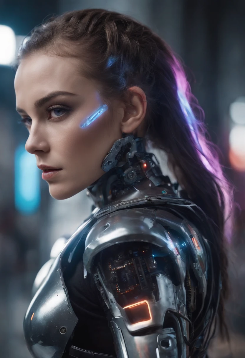 (best quality,4k,highres,ultra-detailed,realistic), intense gaze, metallic cyborg eye, glowing circuits embedded on skin, futuristic hairstyle, cybernetic enhancements, neon lights, holographic display, wires and cables, advanced technology, dark and gritty atmosphere, smoke and steam, monochrome color palette, dramatic shadows, intense expression, mechanical arm, enhanced reflexes, futuristic fashion, sci-fi background, digital interface, augmented reality, dystopian cityscape, chrome details, glowing tattoos, futuristic makeup, sleek and angular design, digital glitch effects, cybernetic implants, high-tech gadgets, futuristic weaponry, intense energy, dystopian vibes, post-apocalyptic setting, futuristic sunglasses, metallic textures, interactive holograms, street graffiti, urban decay, high-tech surveillance, man cyborg.