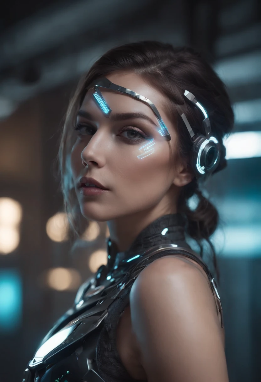 Create a stunning and visually captivating image of a futuristic female character. She should embody a blend of elegance and technology, symbolizing a harmonious fusion of humanity and the digital world. Her appearance should be strikingly beautiful, with sharp, symmetrical features and captivating eyes that seem to hold a depth of wisdom and mystery. Her hair should be long and flowing, possibly with hints of unusual colors like silver or light blue, suggesting a connection to advanced technology. She should be dressed in a sleek, modern outfit that combines both fashion and futuristic elements, perhaps with glowing accents or subtle holographic details. The background should be a blurred cityscape at twilight, with neon lights and holograms, providing a sense of a high-tech, yet somewhat ethereal world. The overall color scheme should be a mix of cool tones, like blues and purples, with occasional warm accents to add depth. The image should evoke a sense of awe and wonder, making it irresistibly shareable and appealing to a wide audience.